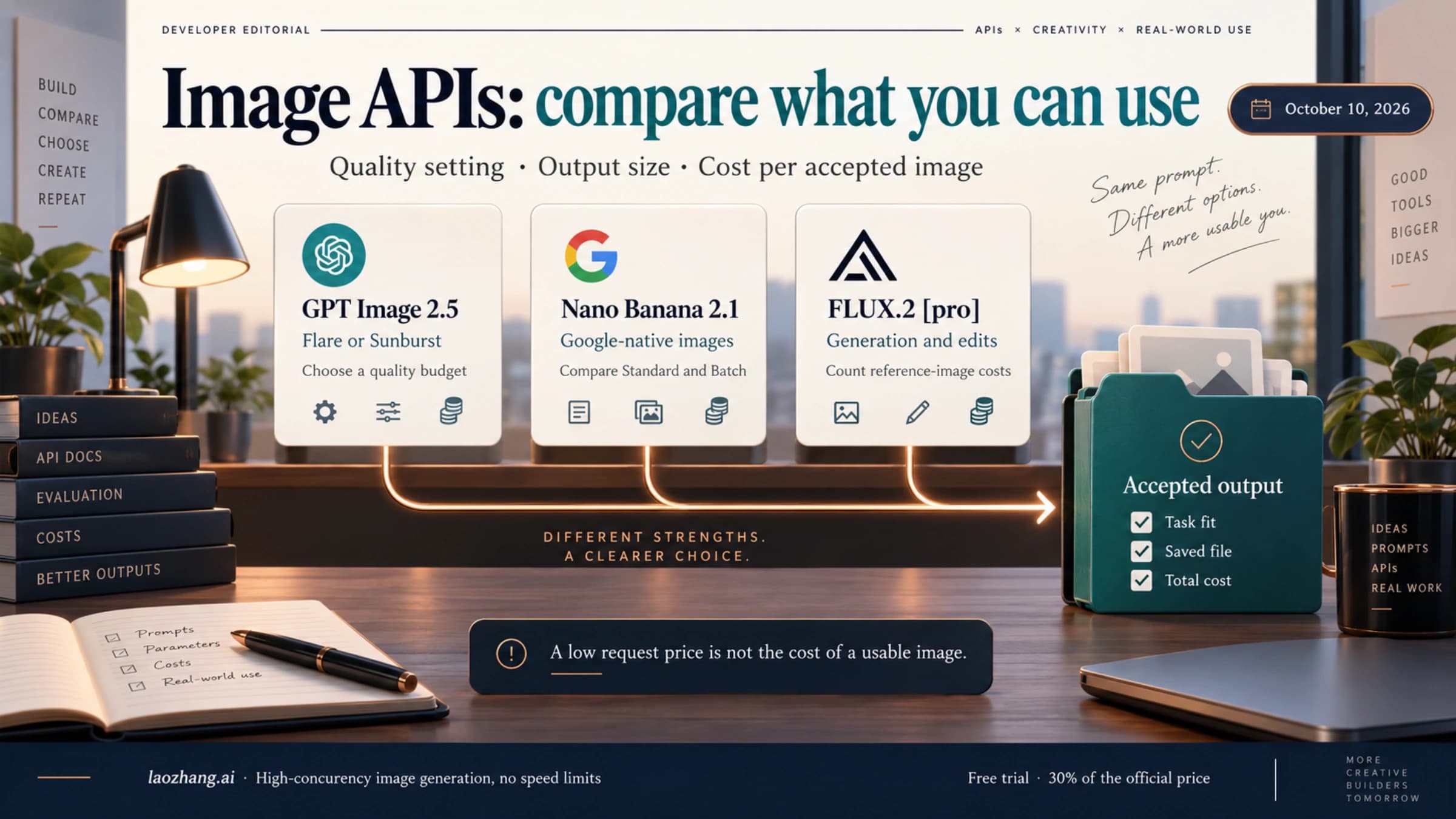 Conceptual image API comparison connecting GPT Image 2.5, Nano Banana 2.1 and FLUX.2 pro choices to task fit, saved files and cost per accepted image.