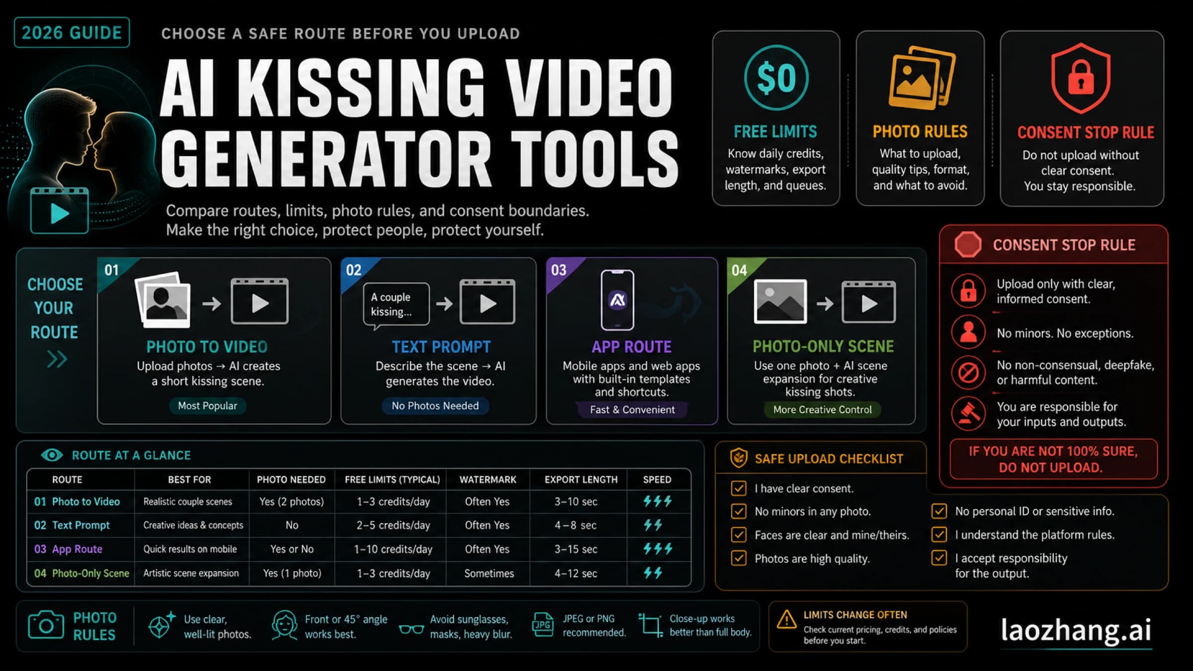Decision board for choosing AI kissing video generator tools by free limits, photo rules, and consent boundaries