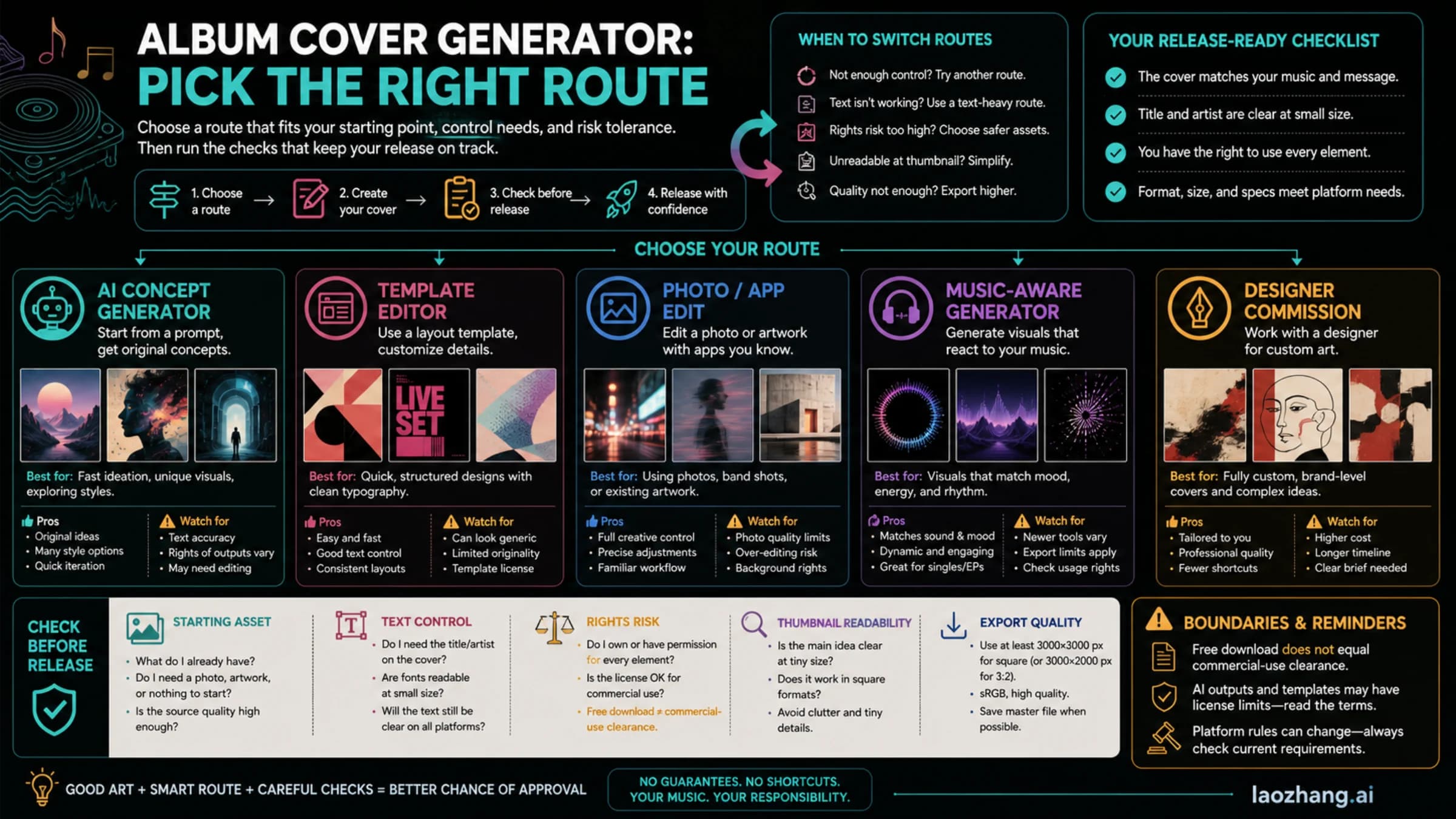 Album cover generator route board comparing AI concepts, template editors, photo edits, music-aware tools, and designers before release checks