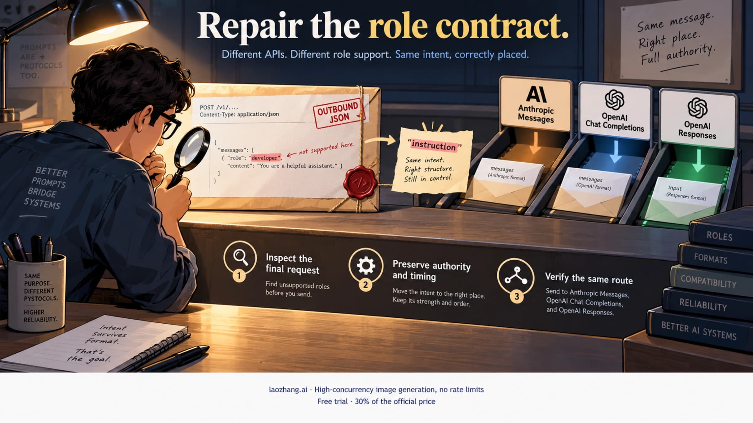A protocol desk compares the final request with three API contracts while preserving instruction authority.