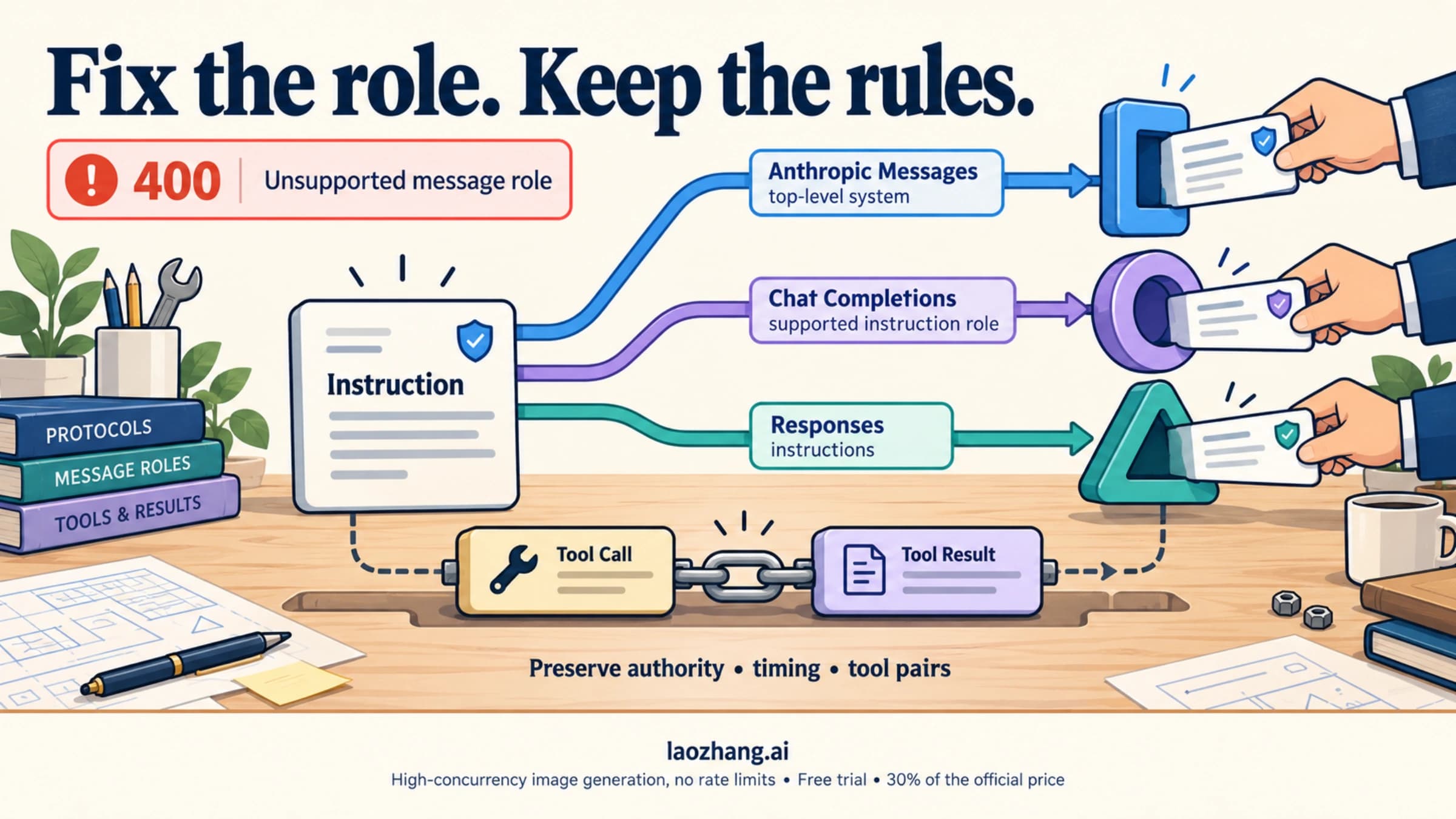 An unsupported-role error is repaired by routing instructions to the appropriate API surface while preserving authority, timing, and tool pairs.