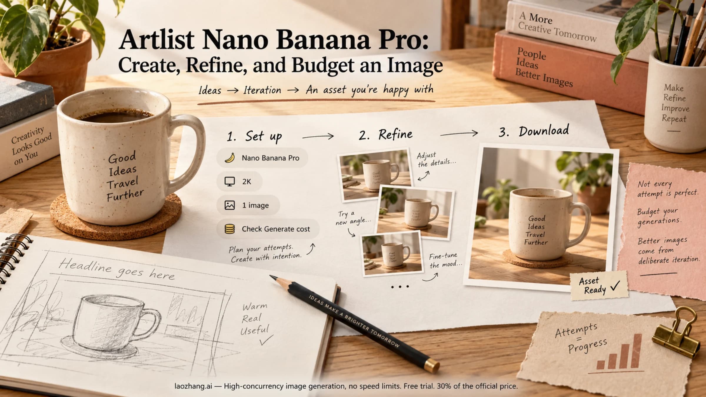 Conceptual creative desk showing Artlist Nano Banana Pro setup, refinement, cost checking, and downloading an accepted image