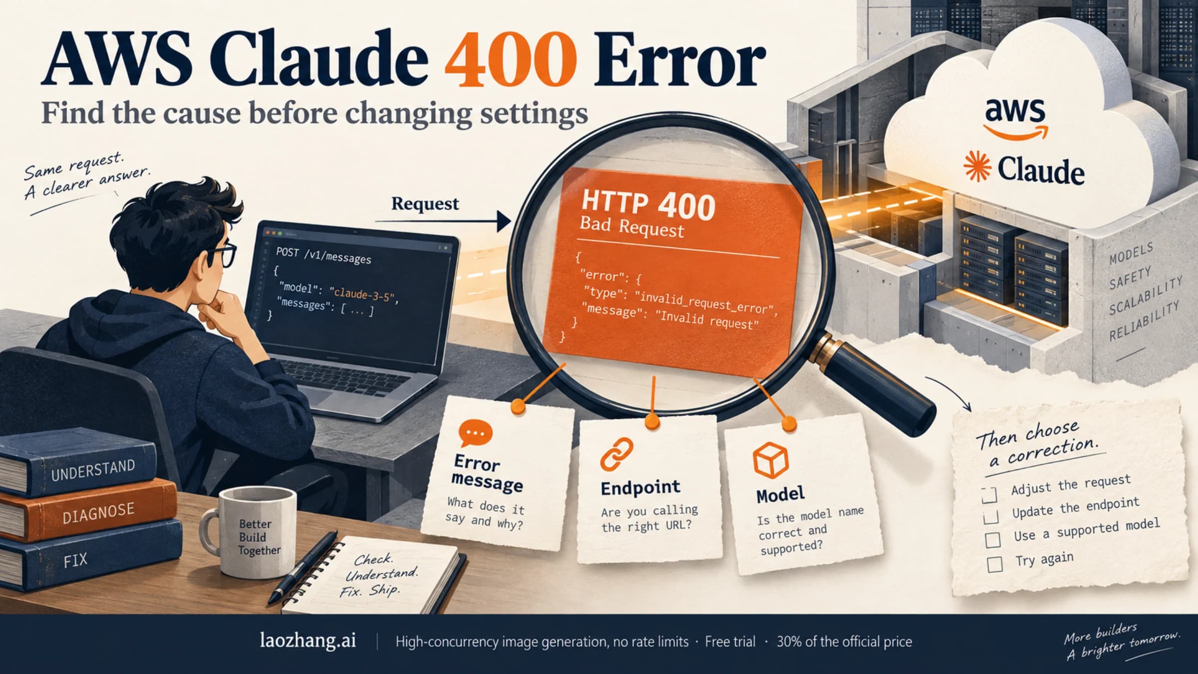A developer investigates an AWS Claude HTTP 400 response by checking the error message, endpoint, and model.