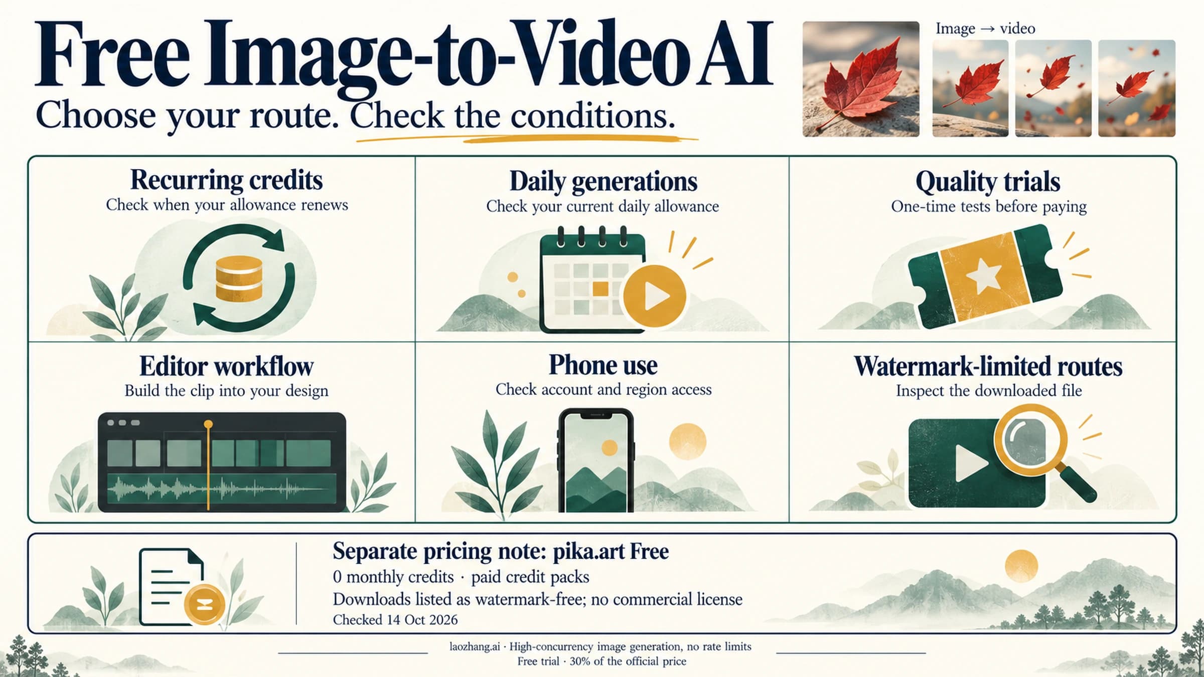 Route board for free image-to-video AI showing recurring credits, daily generations, quality trials, editor workflow, phone use, and watermark-limited routes