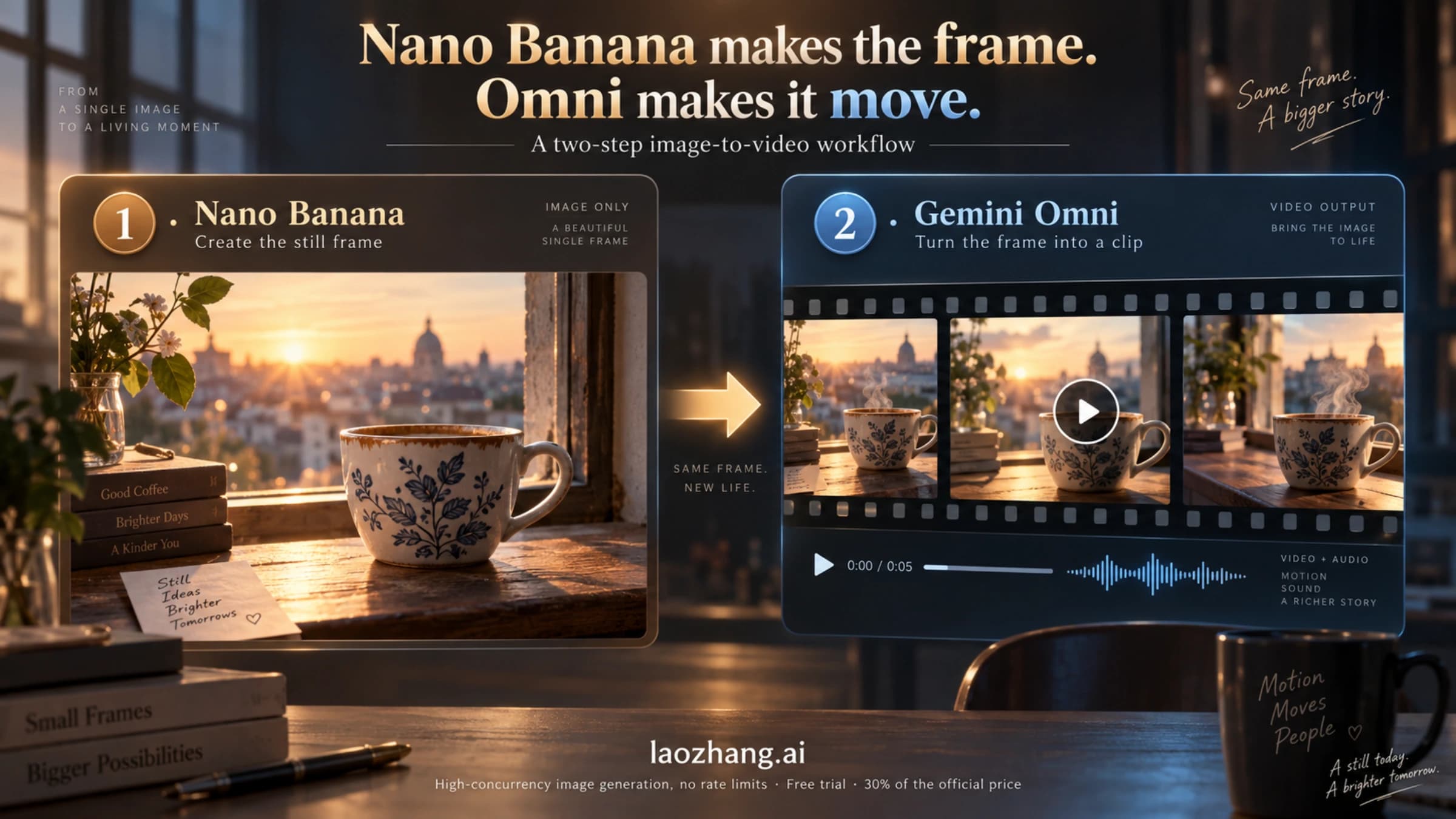 Two-step path: a Nano Banana still image on the left becomes a Gemini Omni video clip on the right