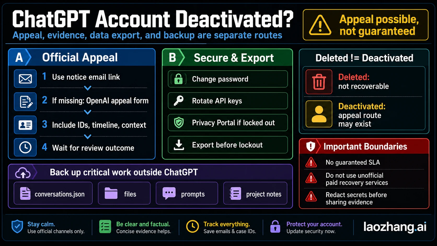 ChatGPT account deactivation appeal and backup route board