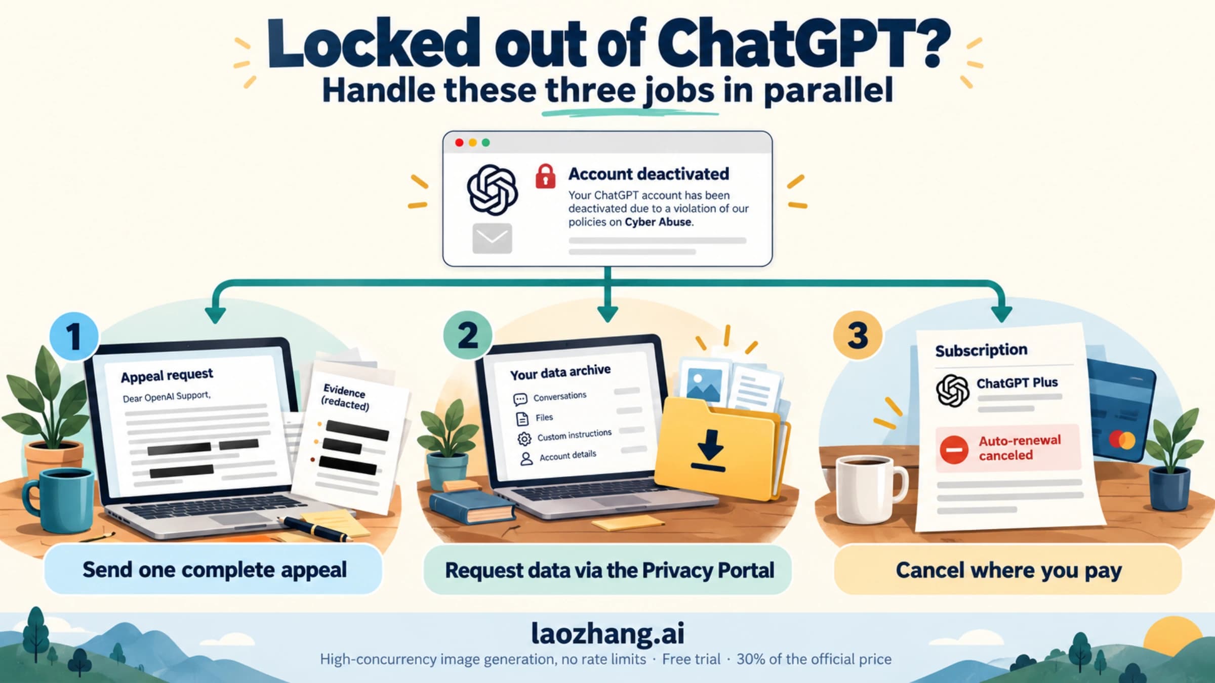 Cyber Abuse deactivation cover showing three parallel jobs: one complete appeal, a Privacy Portal data request, and canceling billing where you pay