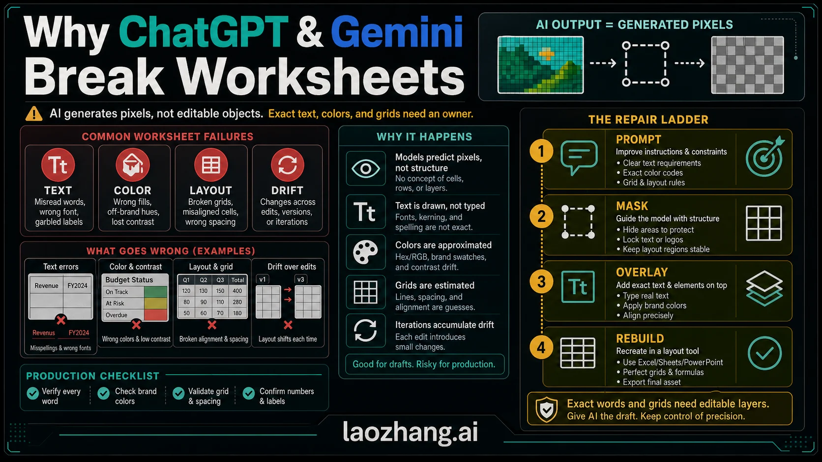 Why ChatGPT and Gemini image generation can break text, colors, and worksheet layouts.