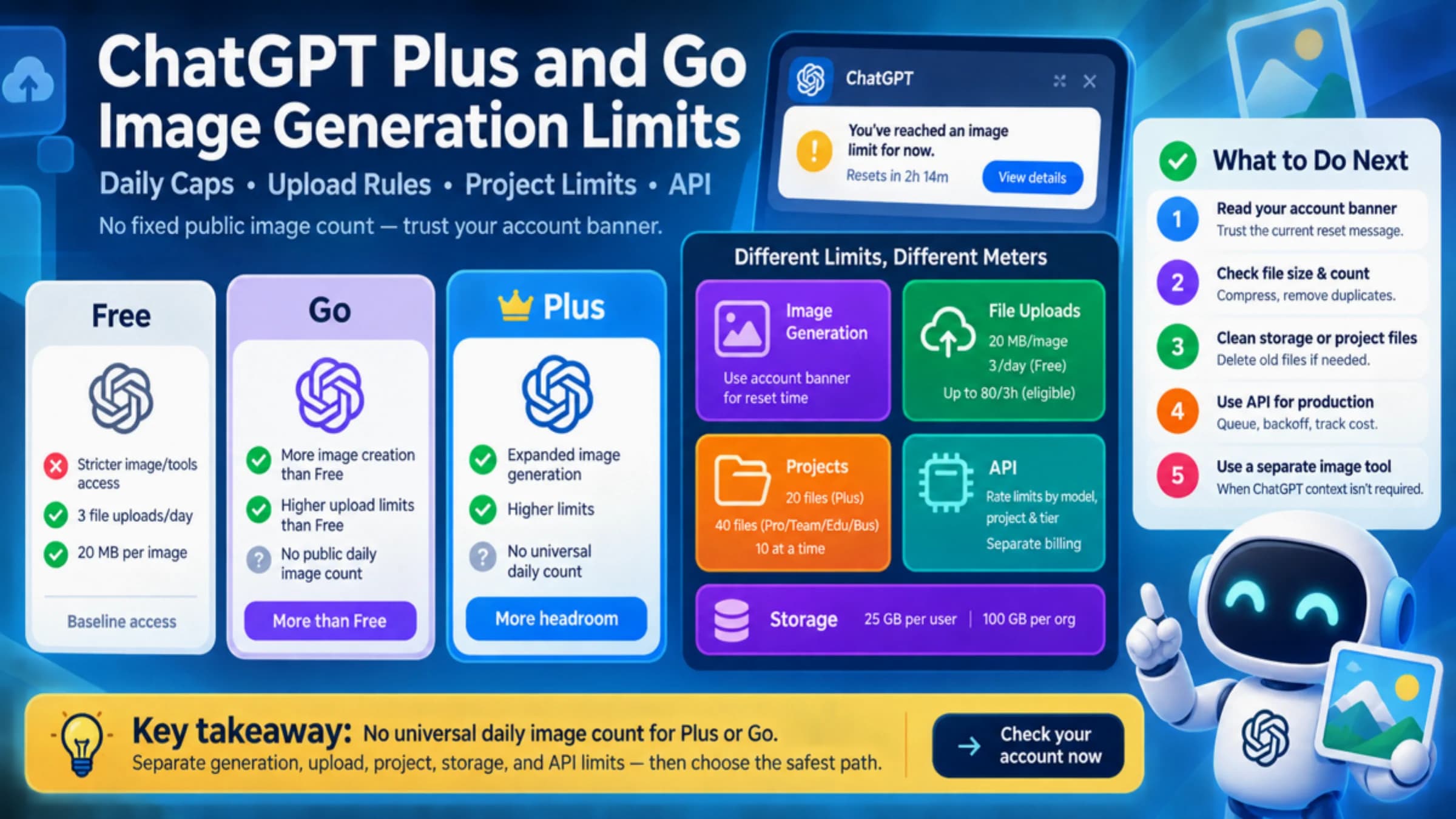 Technical board comparing ChatGPT Plus and Go image generation limits with official upload caps, account-banner reset rules, API separation, and safe alternatives