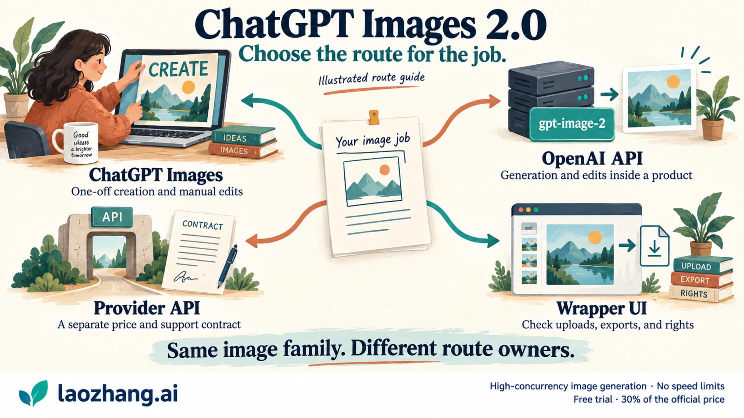 An illustrated image job branches to ChatGPT Images, the OpenAI API, a provider API, and a wrapper UI, each with a different route owner.
