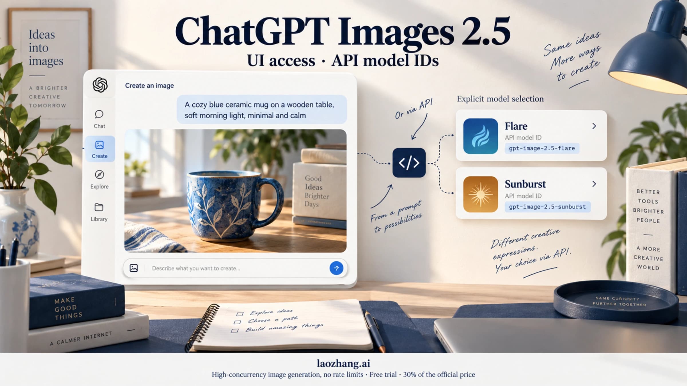 Illustration of a ChatGPT image workspace beside Flare and Sunburst API options