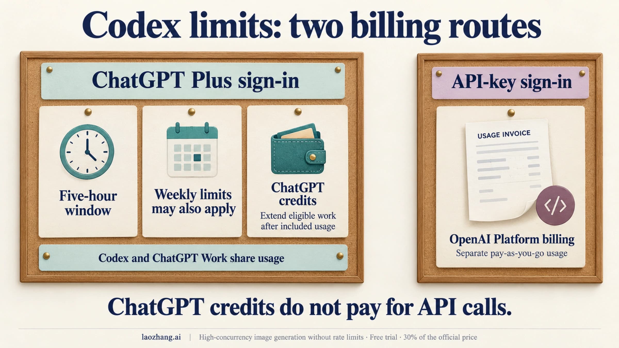 ChatGPT Plus Codex weekly limits board showing five-hour windows, weekly allowances, credits, and separate API-key billing