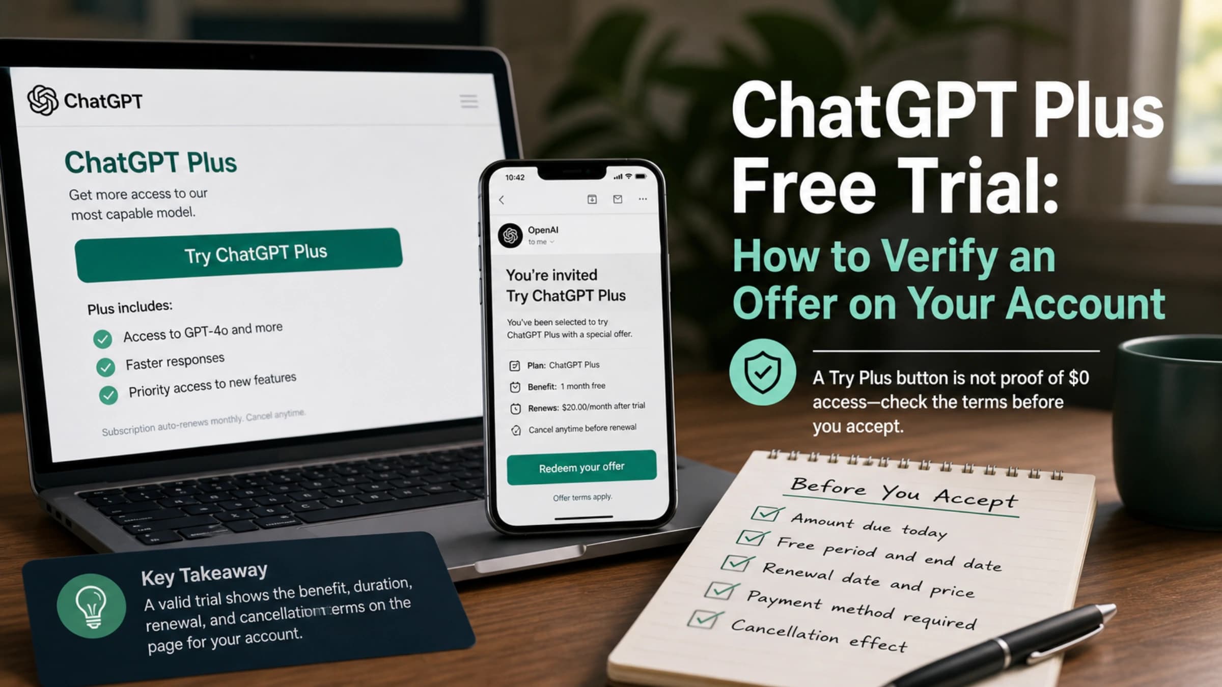 Guide to checking a ChatGPT Plus trial invitation, redemption terms, and renewal risk