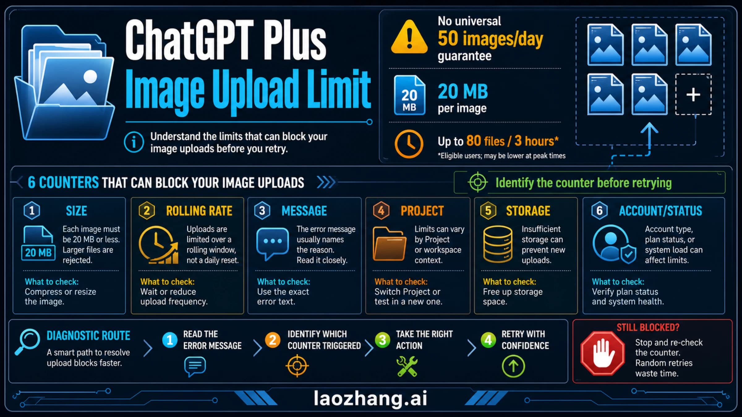 ChatGPT Plus image upload limit board showing 20 MB per image, a rolling file cap, and six counters to diagnose