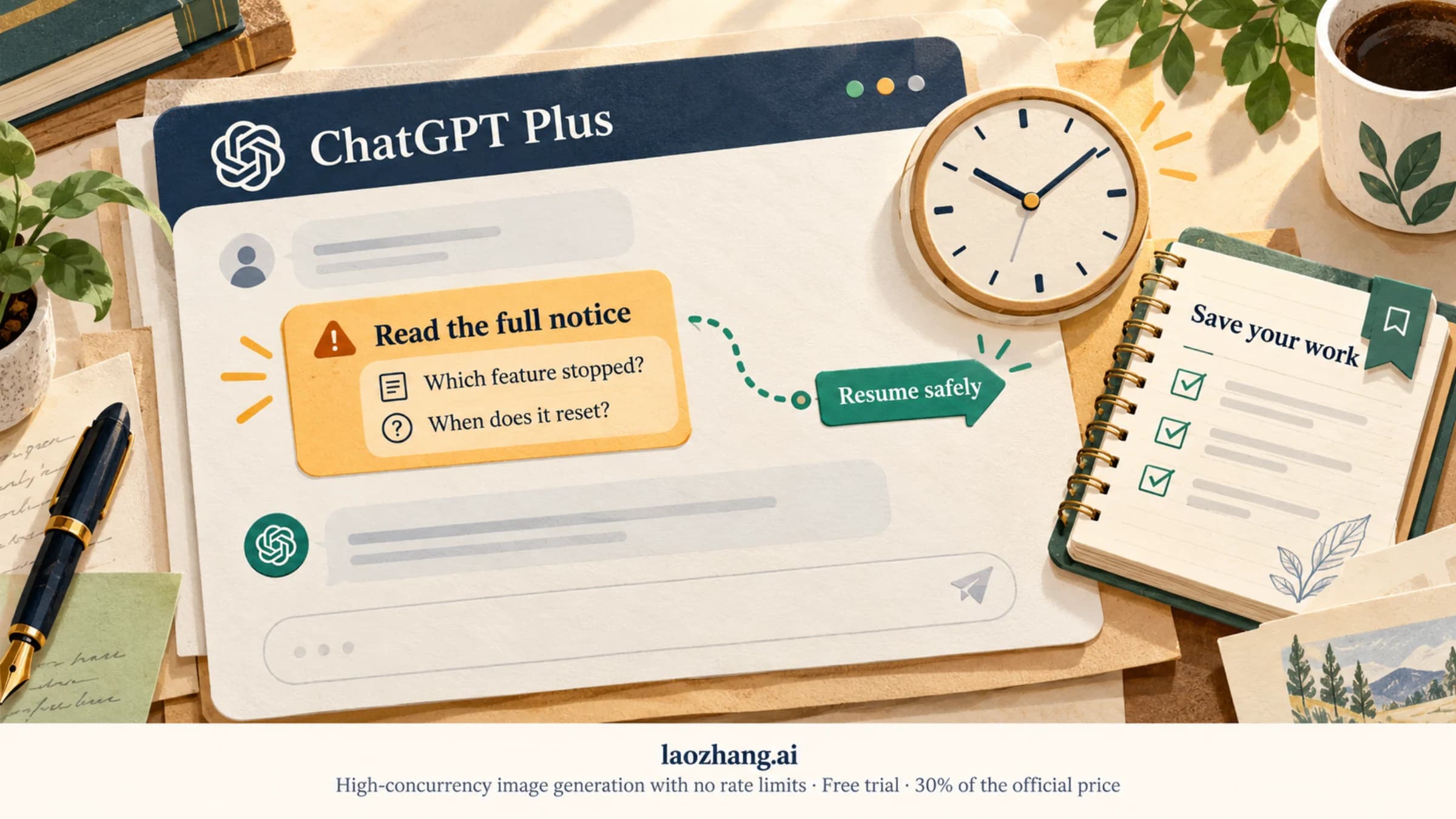 Guide to reading a ChatGPT Plus message-limit notice, reset, and safe recovery