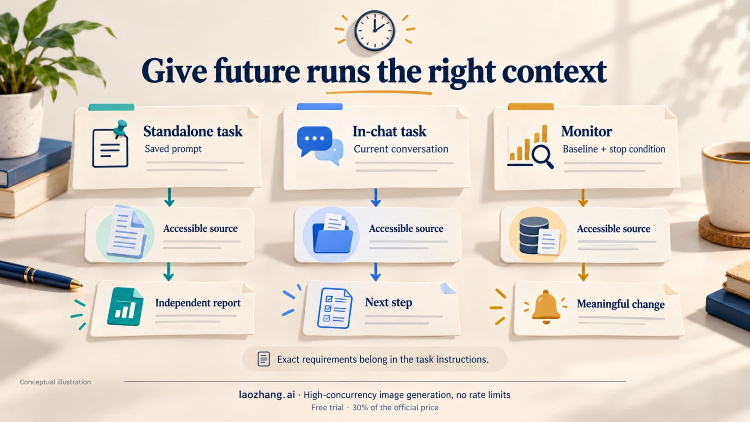 Conceptual task cards contrasting a saved standalone prompt, ongoing chat context and a monitor baseline, each linked to an accessible source and required result