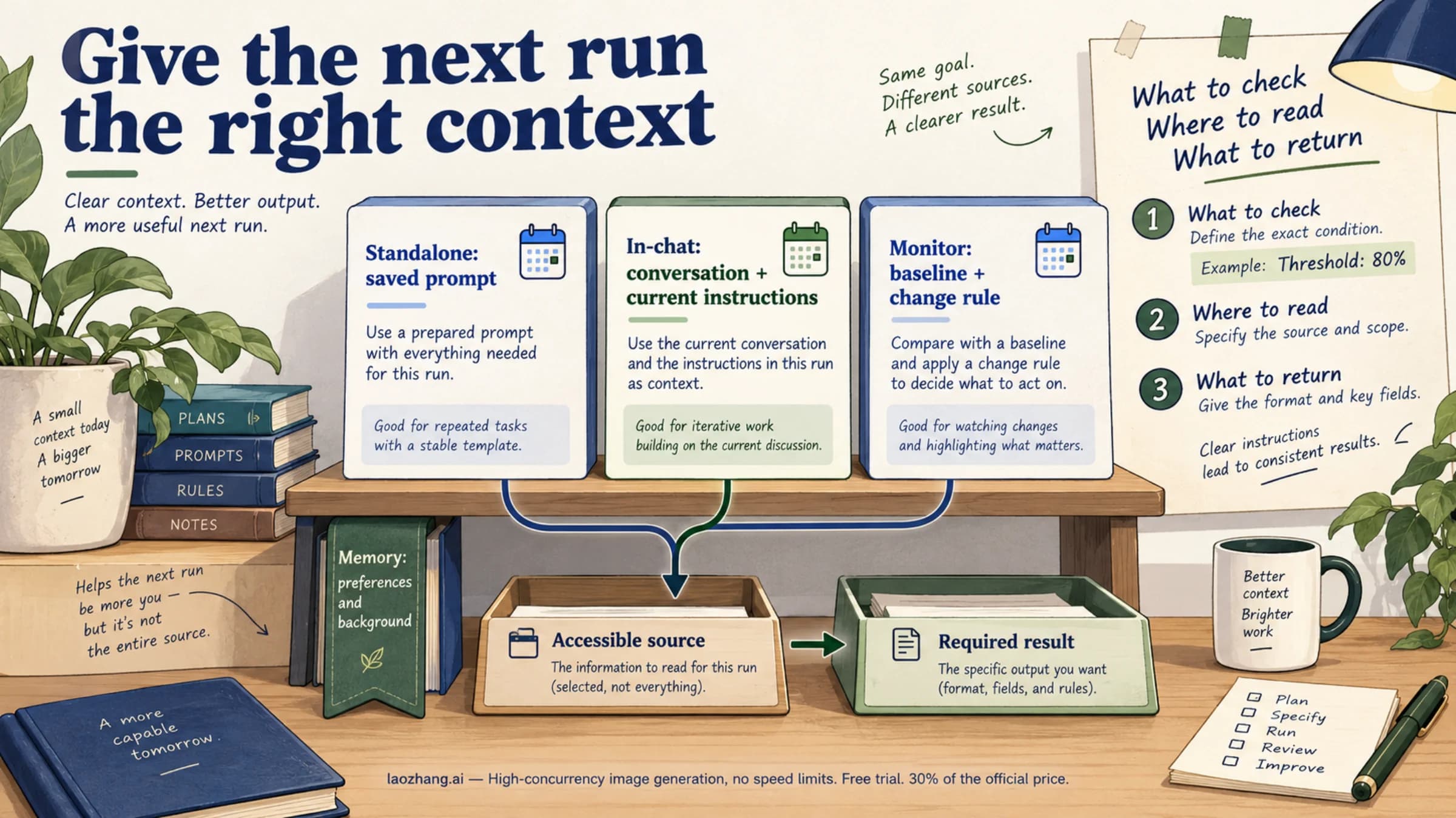 Conceptual task cards contrasting a saved standalone prompt, ongoing chat context and a monitor baseline, each linked to an accessible source and required result