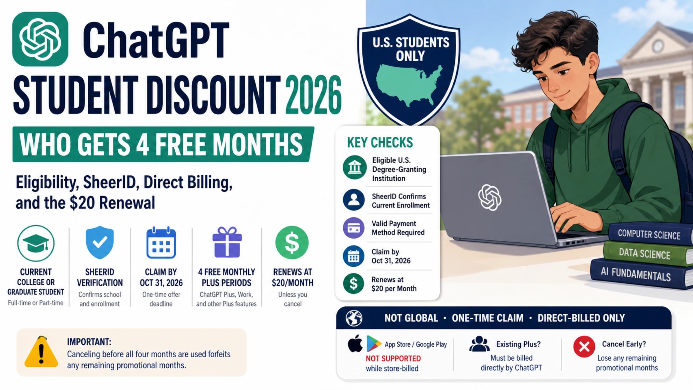 Guide to the 2026 ChatGPT student offer covering eligibility, verification, billing, and renewal