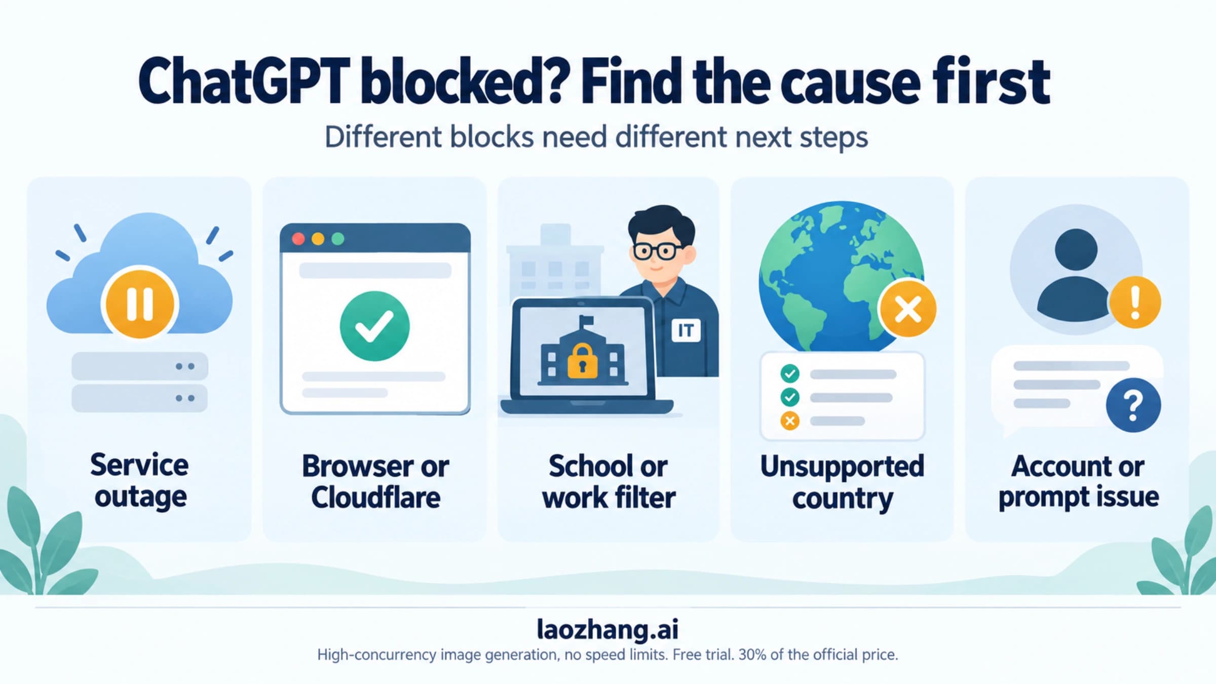 Five causes of blocked ChatGPT access: service outage, browser or Cloudflare, school or work filter, unsupported country, and account or prompt issue.