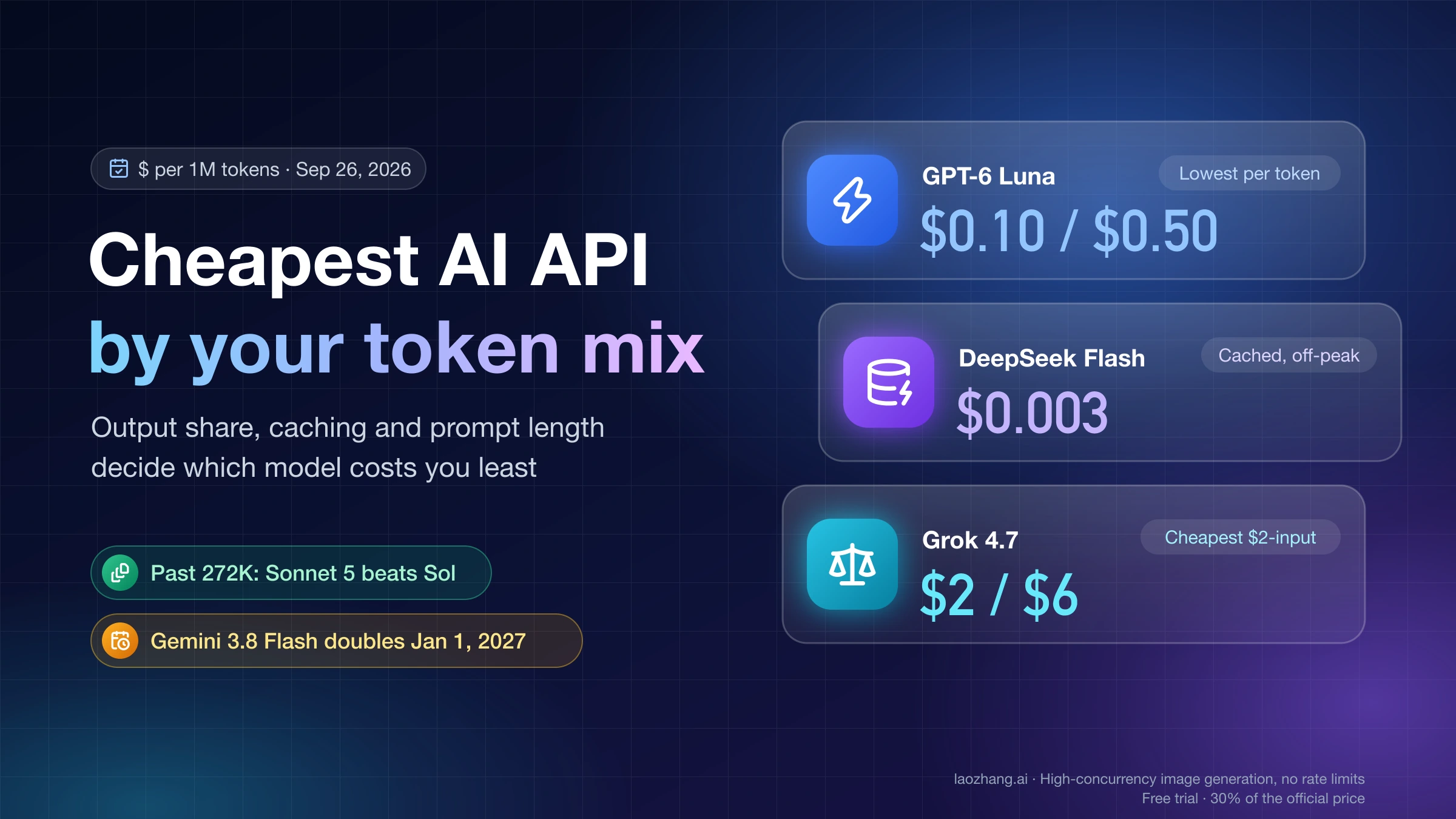 Cheapest AI API by token mix: GPT-6 Luna at $0.10 / $0.50, DeepSeek Flash cached input at $0.003 off-peak, and Grok 4.7 at $2 / $6 per 1M tokens