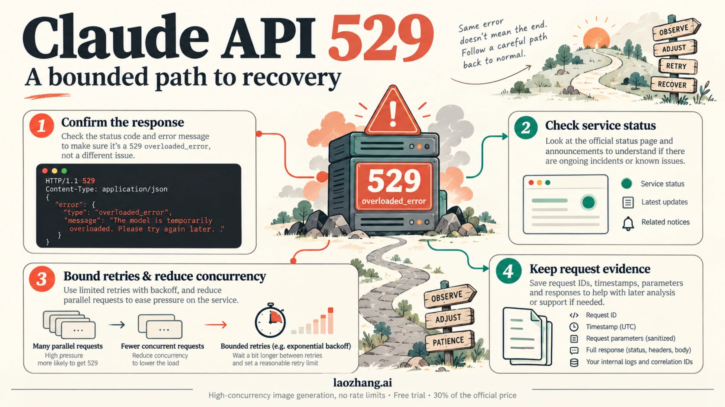 Claude API 529 overload recovery diagram with status checks, bounded retries, pressure reduction, and request evidence