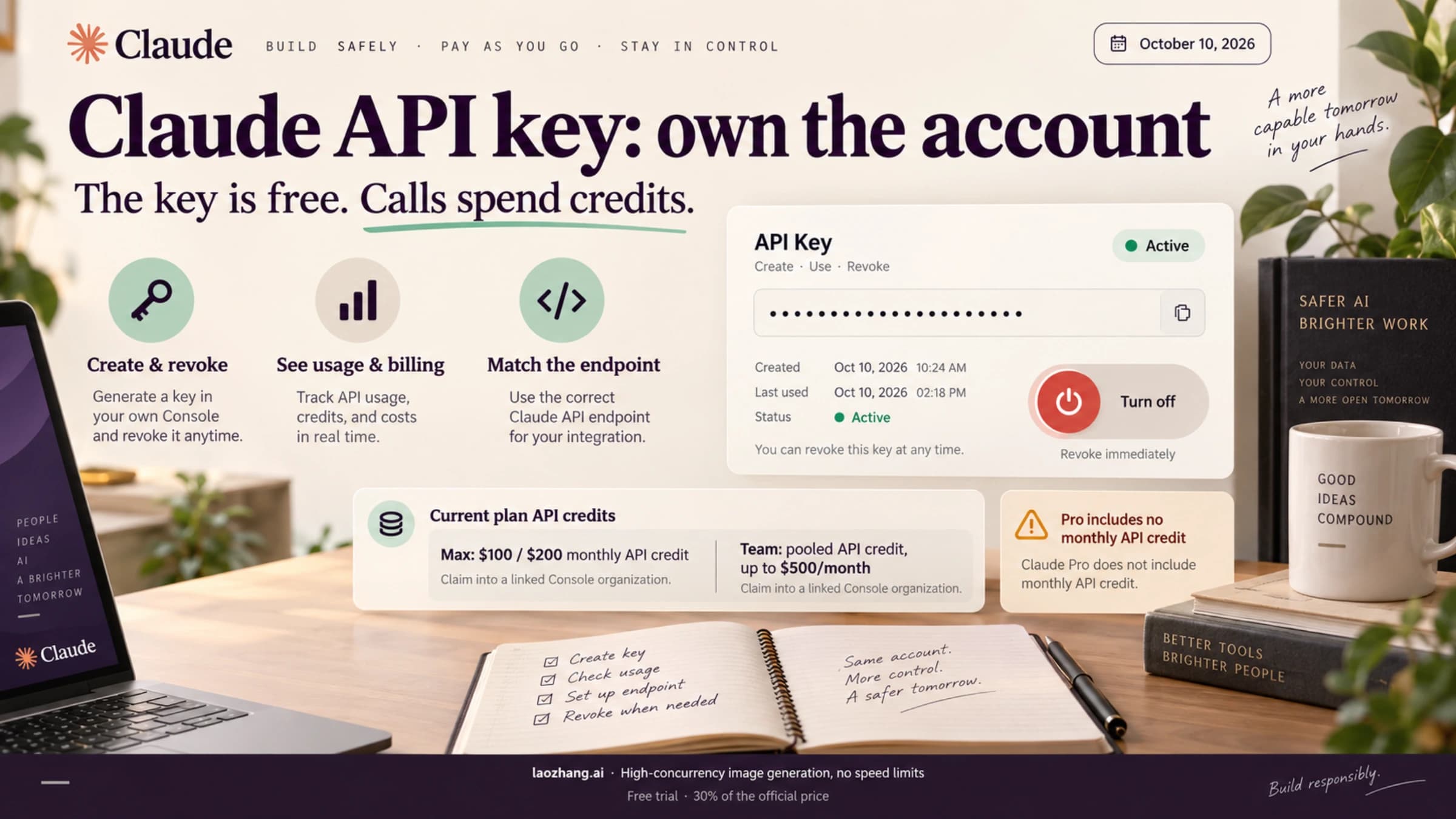 Conceptual Claude API key ownership guide: create and revoke your own key, track billing, and match the endpoint; Max and Team offer claimed monthly API credits, while Pro includes none.