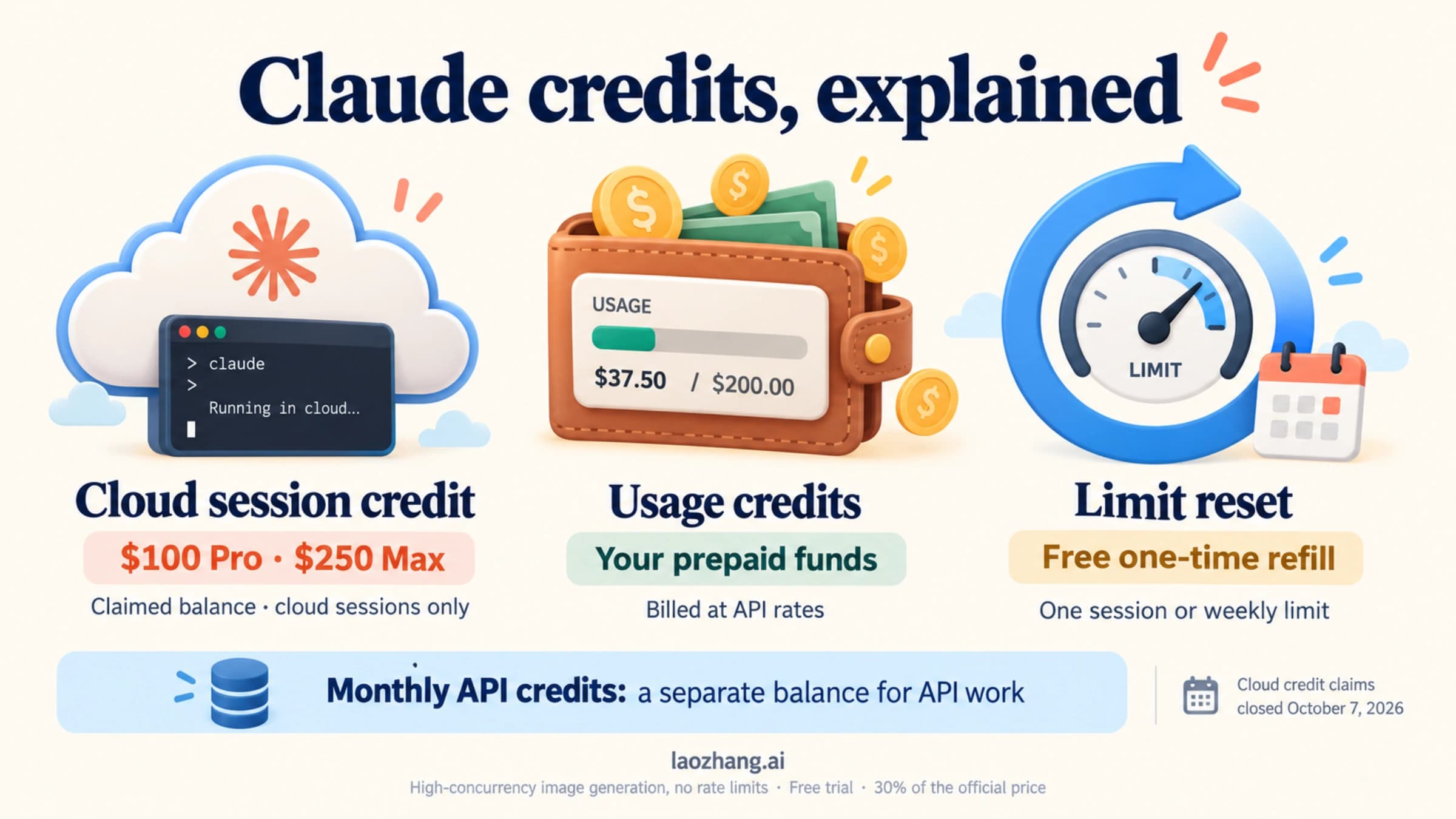 Claude cloud session credit ($100 on Pro, $250 on Max, cloud sessions only), usage credits billed at API rates, and a free limit reset that refills one limit