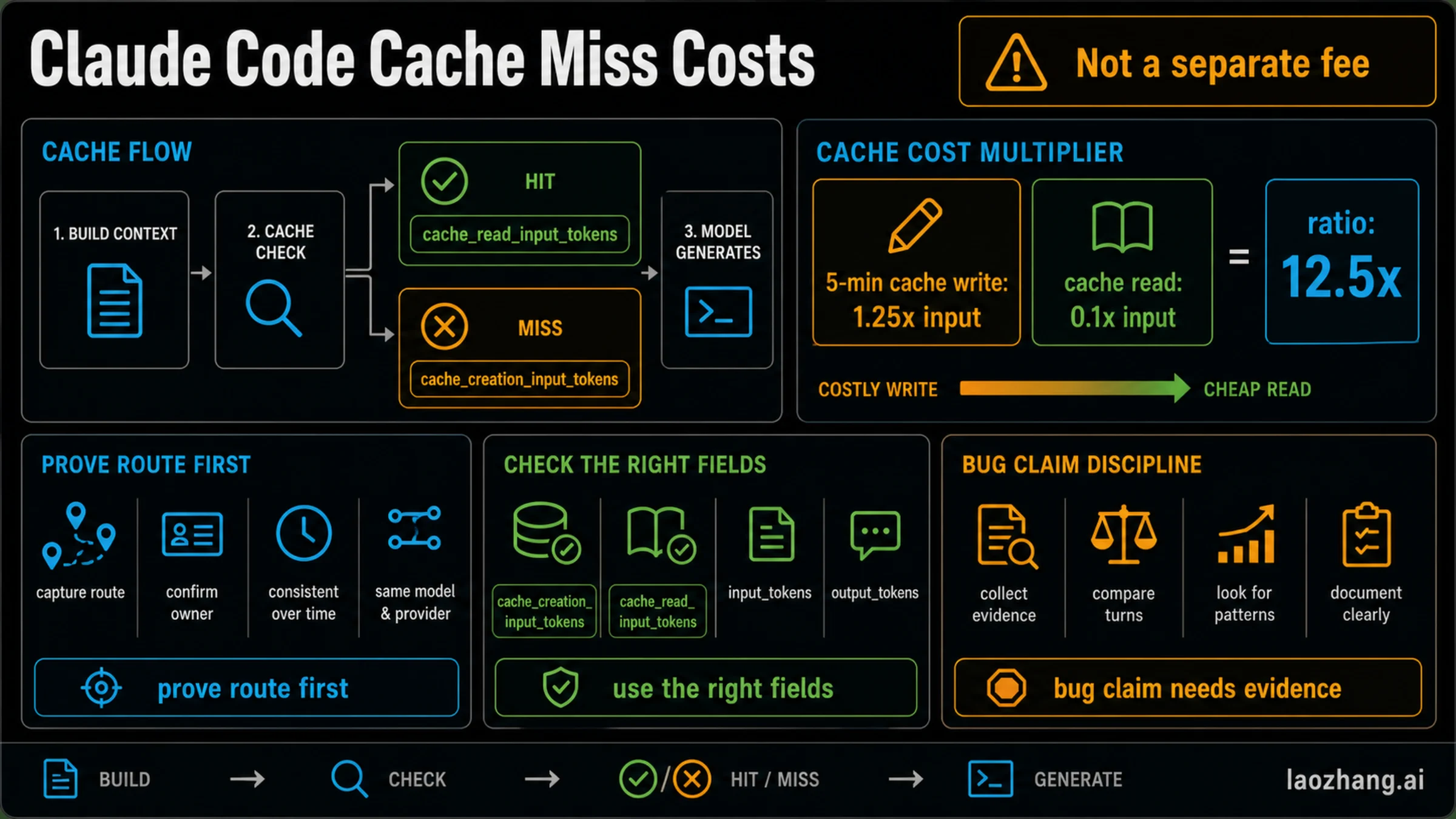 Claude Code cache miss proof board showing route, write/read ratio, cache fields, and stop rule