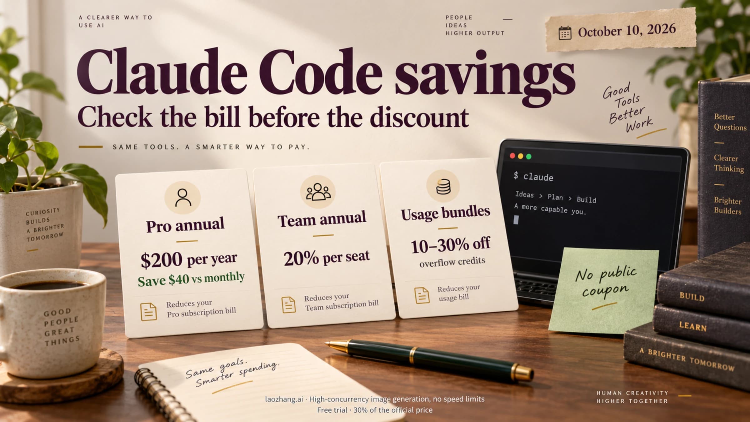 Claude Code savings as of October 10, 2026: Pro annual billing at $200 saves $40, Team annual saves 20% per seat, and usage bundles reduce overflow credit costs by 10–30%; no public coupon.