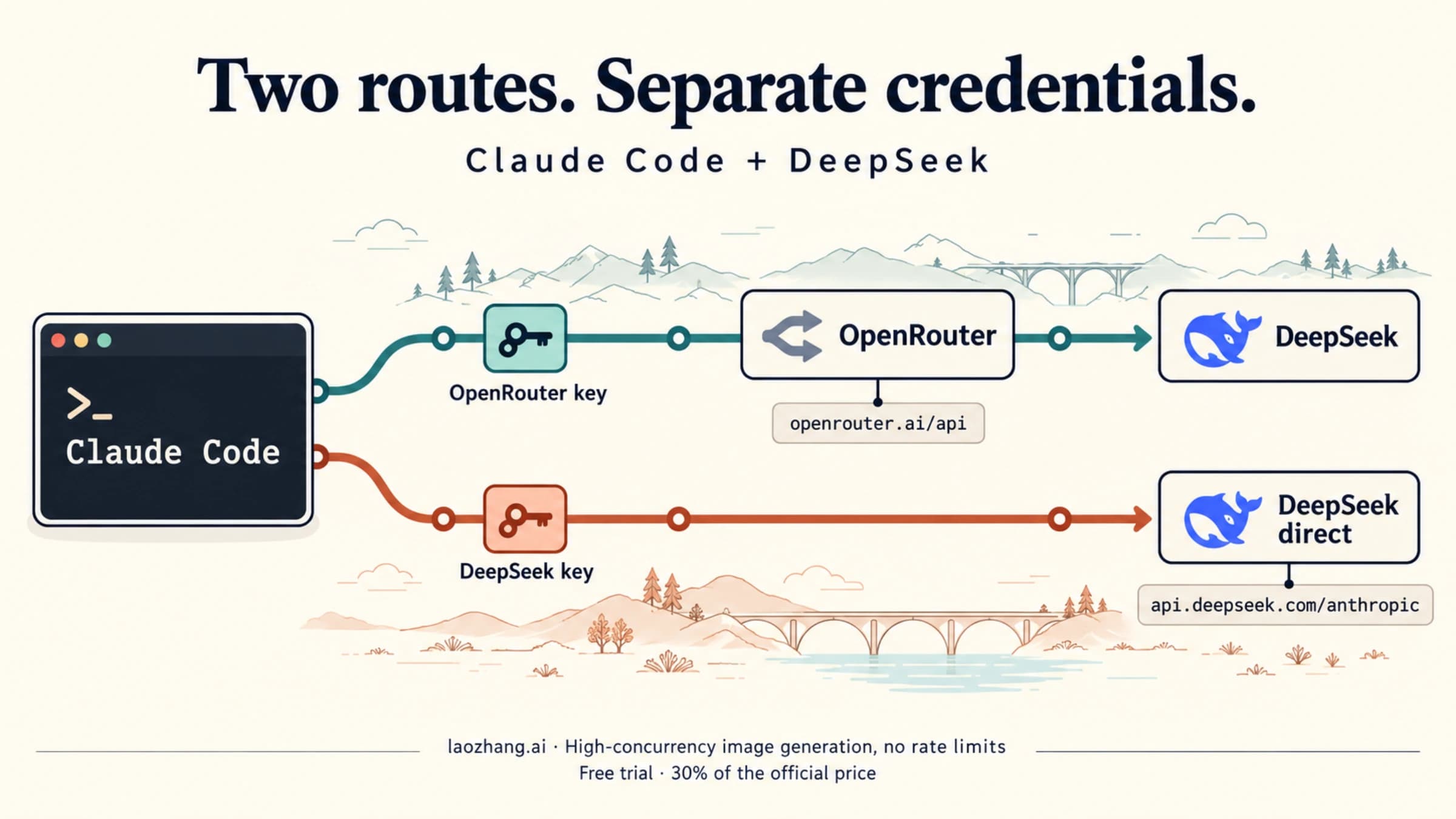 Claude Code has separate OpenRouter and DeepSeek direct paths, each with its own endpoint and credential.