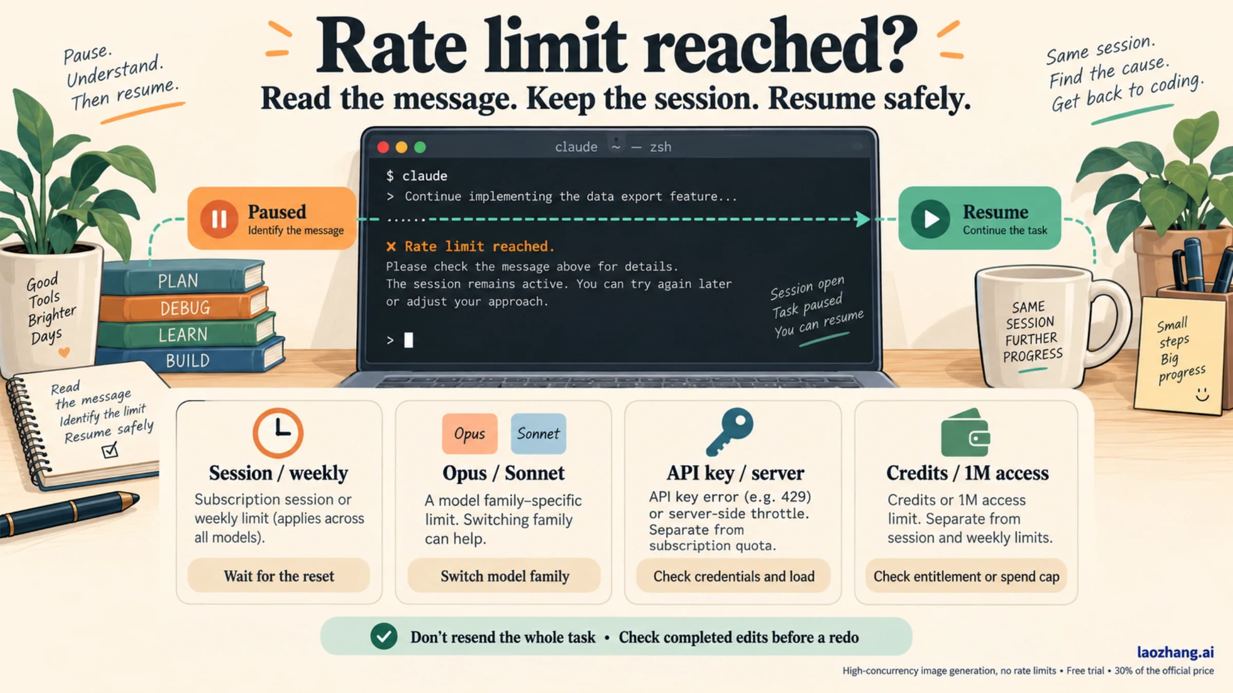 Claude Code rate-limit recovery guide with an open session and four message categories: plan windows, model families, API or server limits, and credits or 1M access