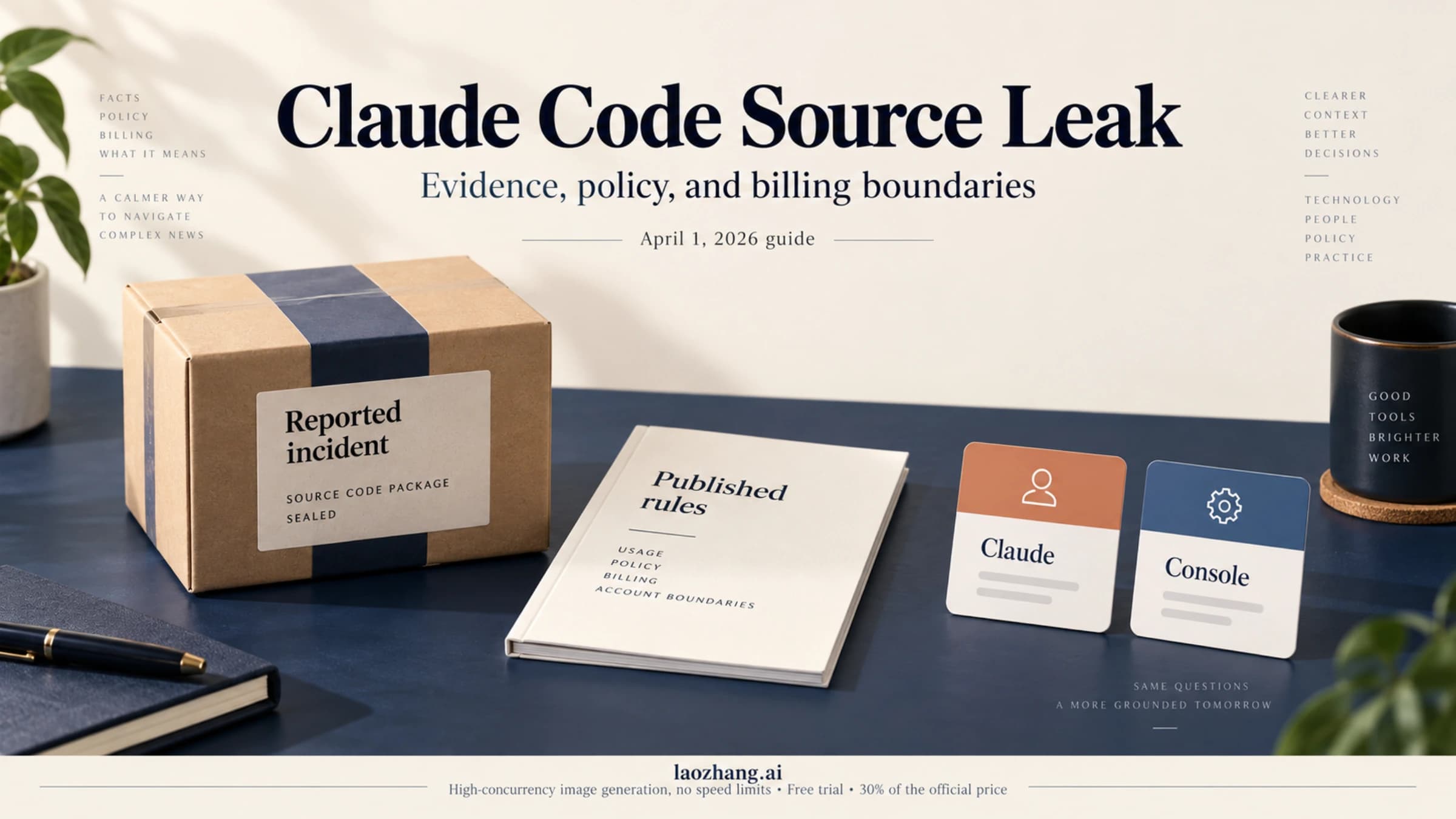 Illustrated April 1, 2026 guide separating the reported Claude Code leak, published rules, and Claude versus Console billing