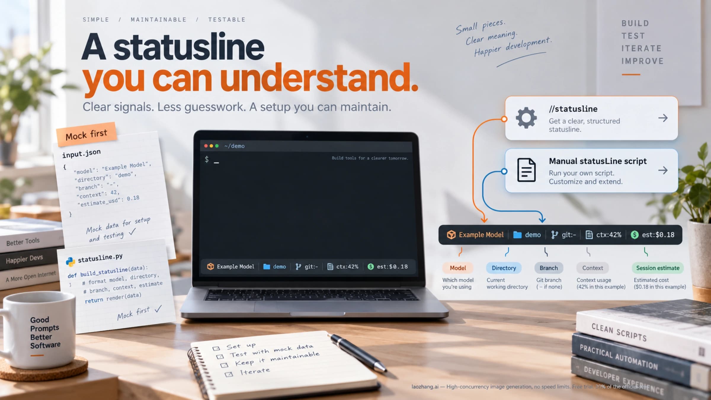 Conceptual Claude Code statusline setup through the slash command or a manual script, with synthetic model, directory, context and cost fields