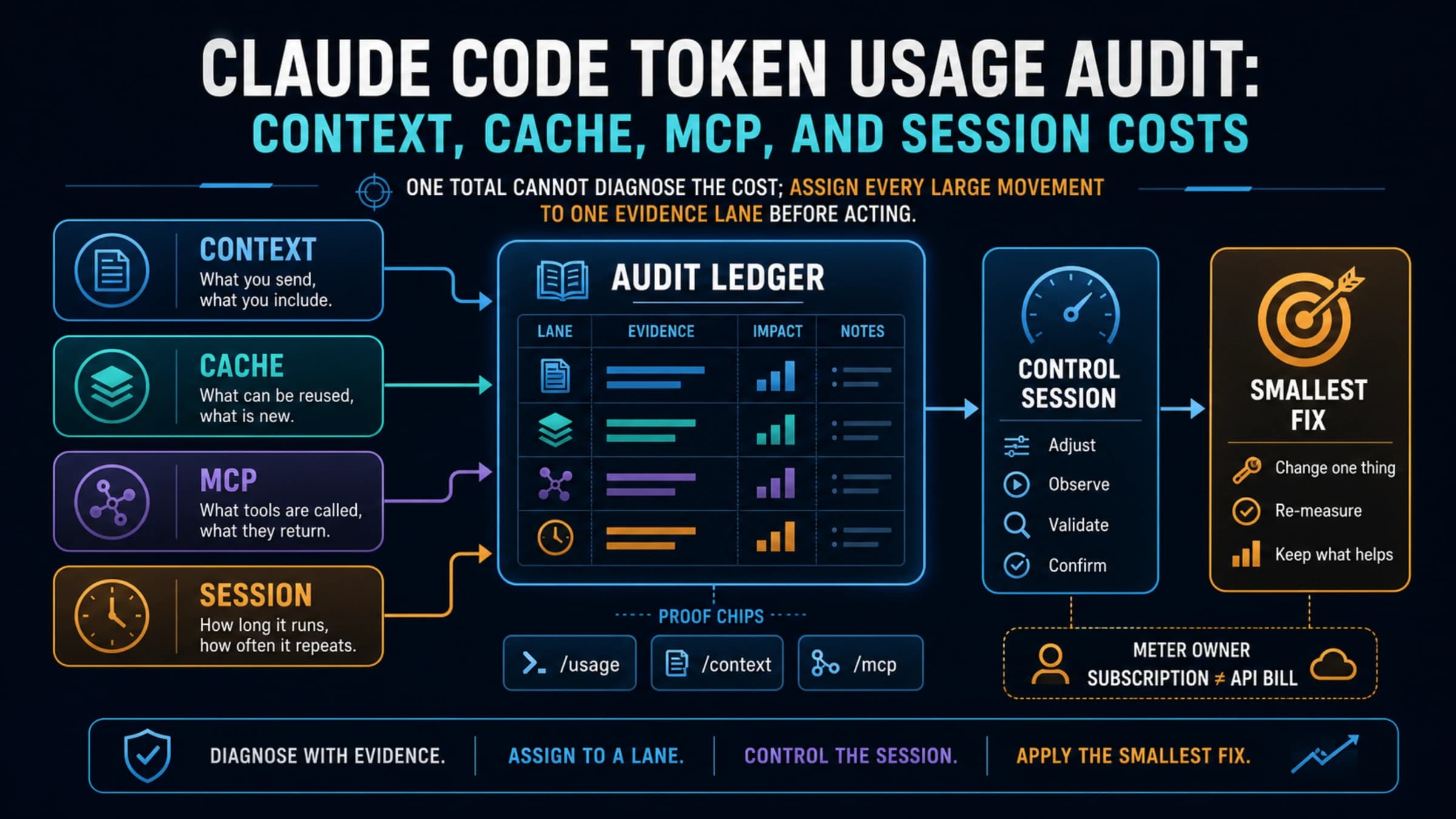 Claude Code token audit board with context, cache, MCP, and session cost lanes