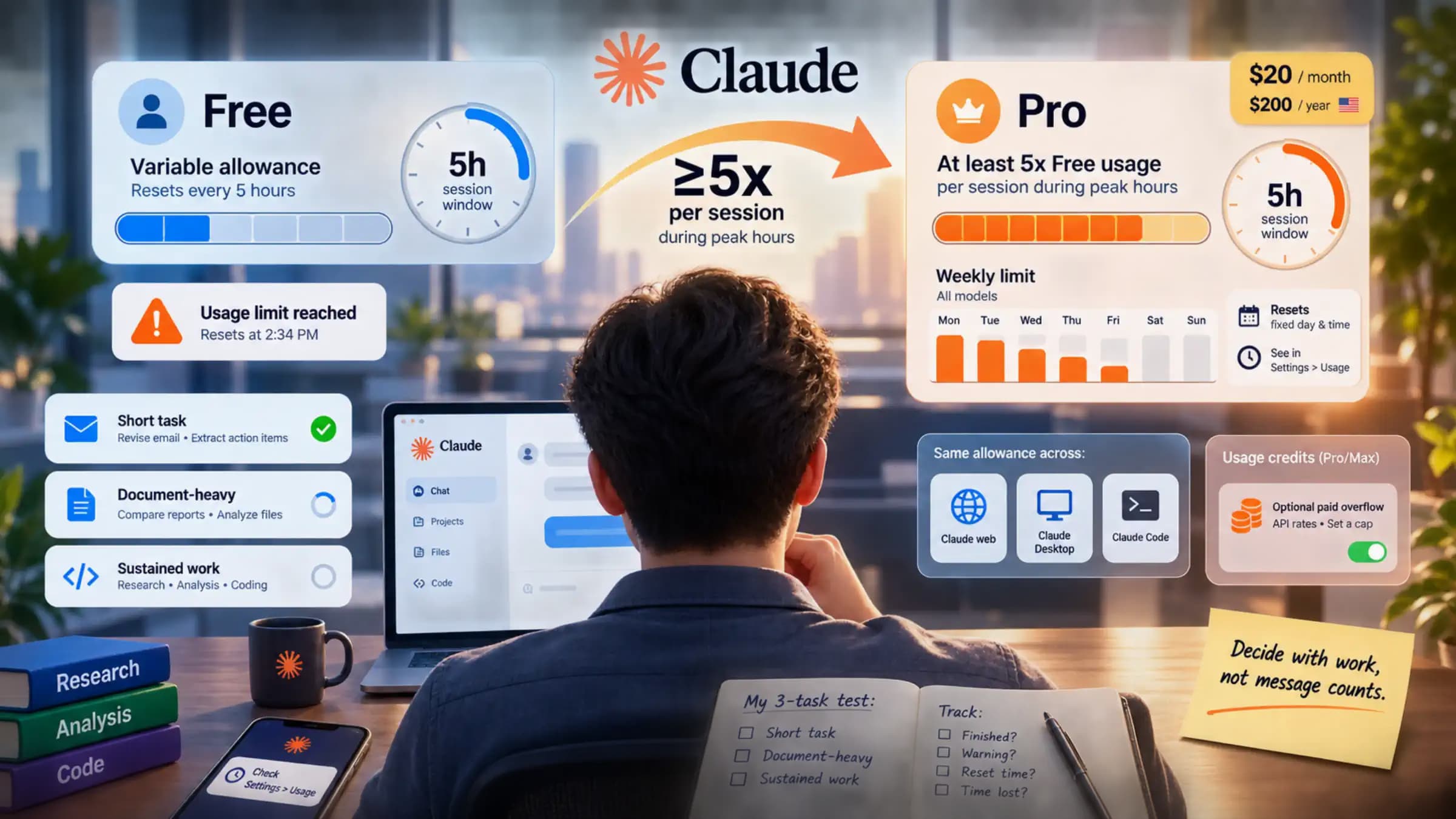 Claude Free and Pro usage decision based on five-hour and weekly counters