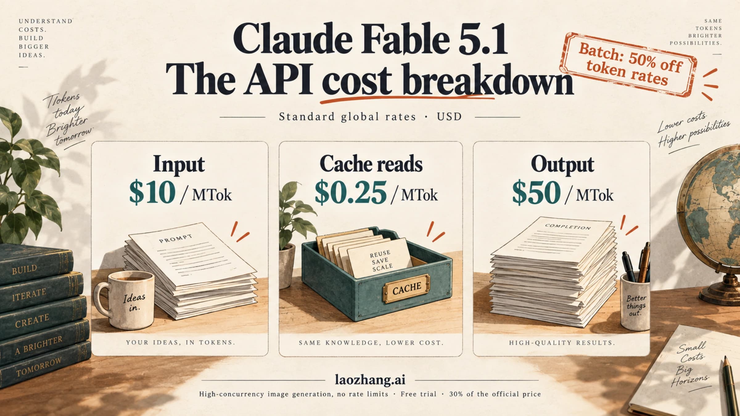 Claude Fable 5.1 input, cache-read, and output pricing illustrated as three cost categories.