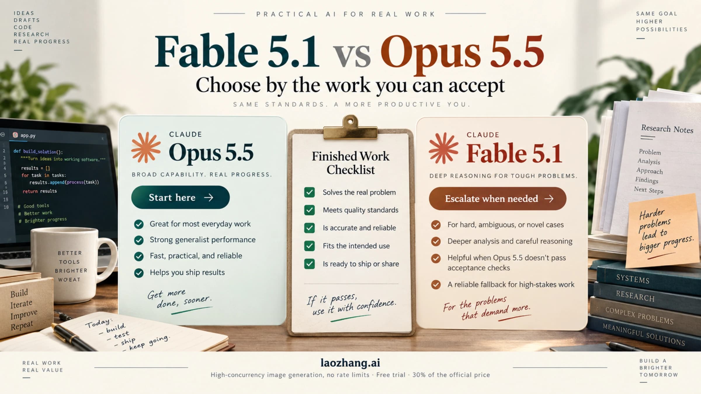 Opus 5.5 and Fable 5.1 beside a checklist for choosing a model by accepted work