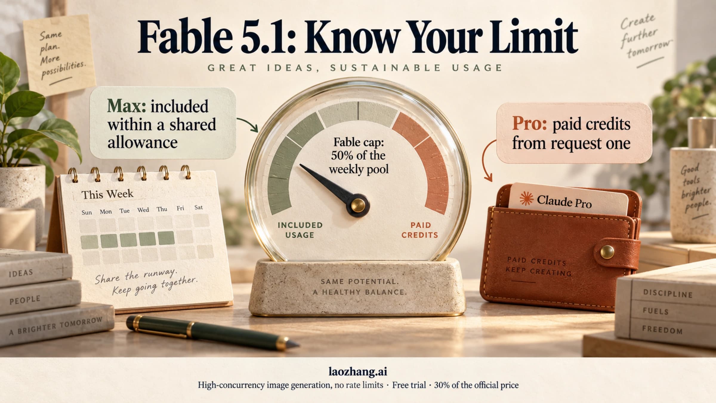 A weekly allowance gauge and credit wallet illustrate Fable 5.1 plan limits and paid continuation