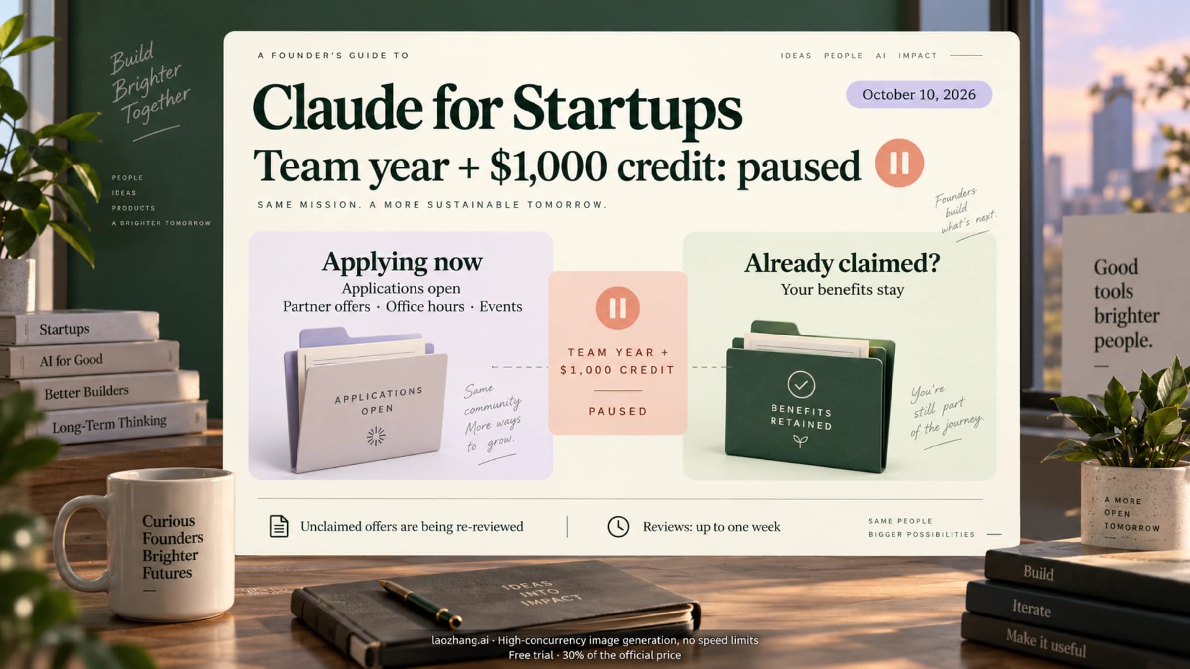 Claude for Startups as of October 10, 2026: the Team year and $1,000 API credit are paused, applications remain open for partner offers, office hours and events, and already claimed benefits stay.