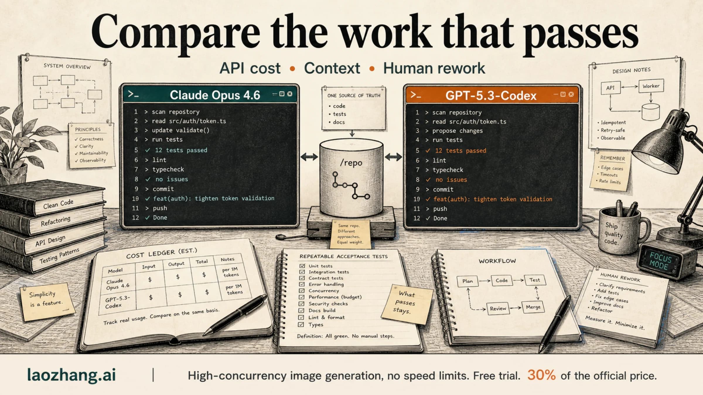 Illustrated workbench comparing Claude Opus 4.6 and GPT-5.3-Codex with a shared repository, acceptance tests, and a cost ledger