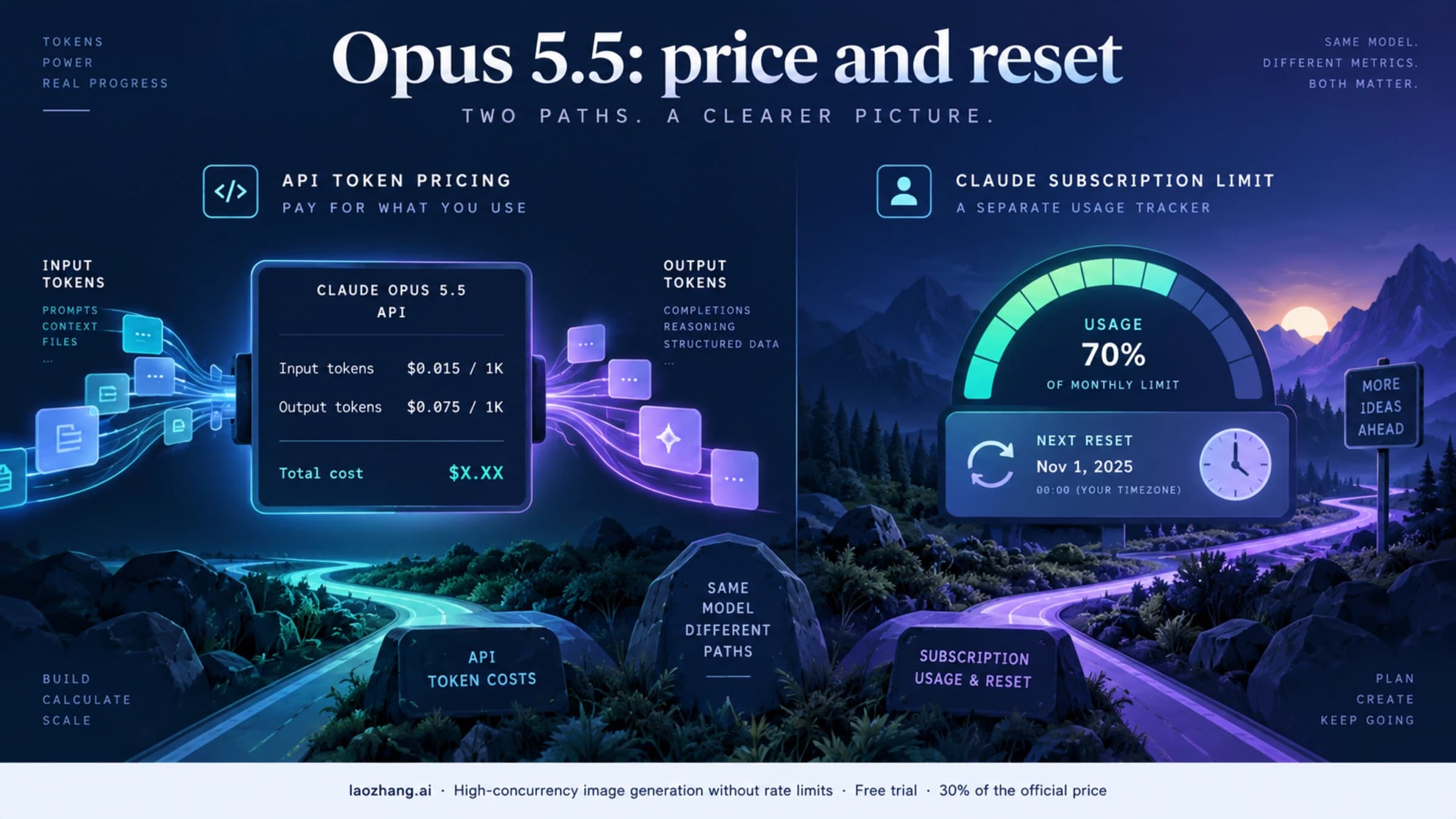 Two separate paths for estimating Opus 5.5 API cost and checking a Claude subscription limit reset