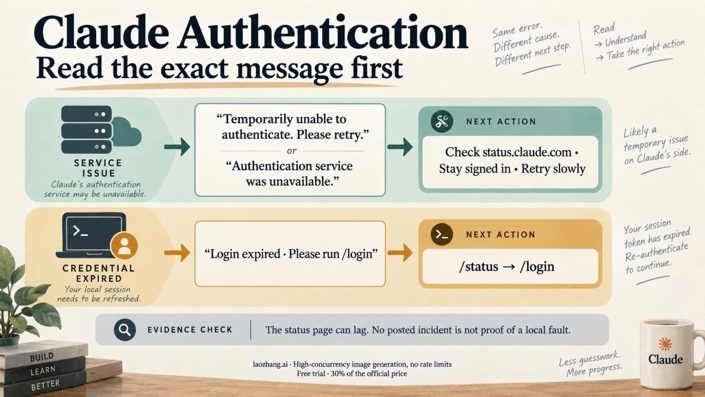 Claude authentication messages lead to different actions: server-side authentication errors call for a status check and keeping the session, while Login expired points to /status and /login