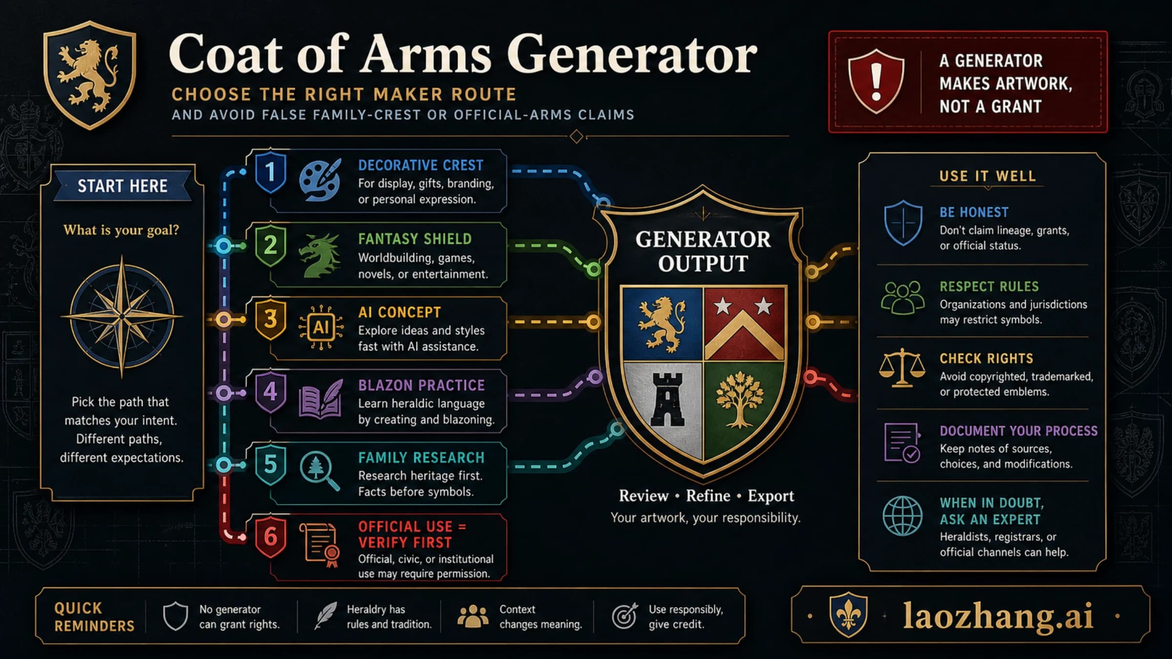 Route board for choosing a coat of arms generator while separating decorative artwork from official or family-crest claims.