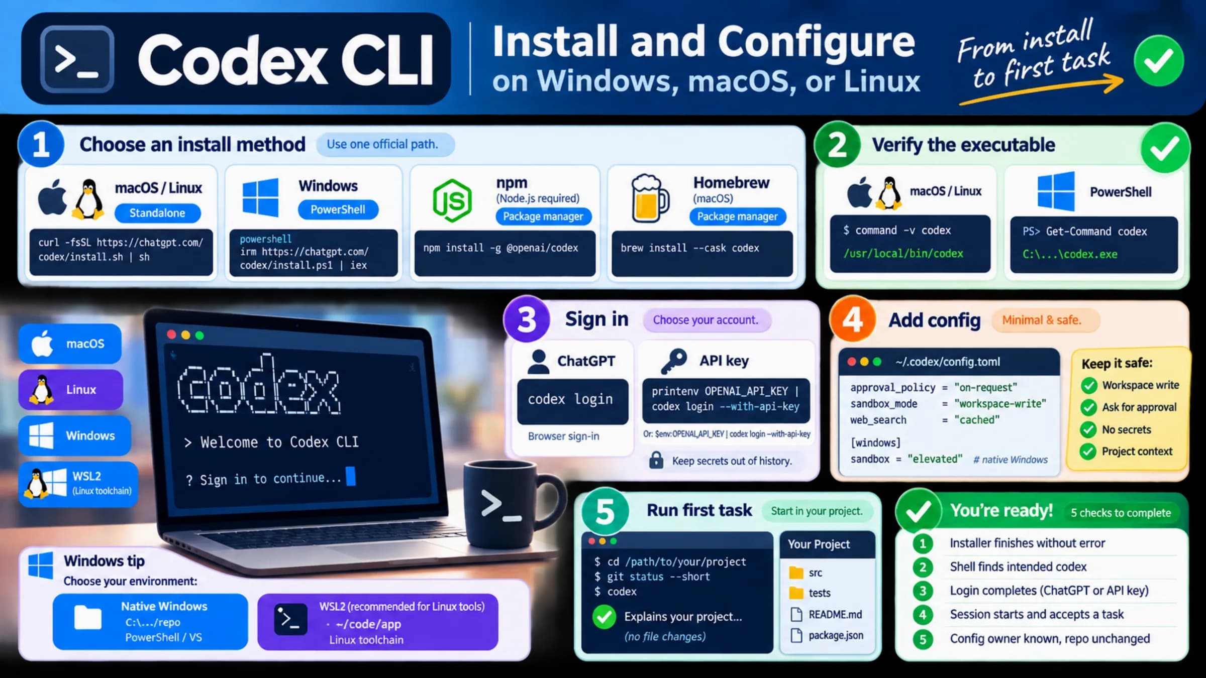 Codex CLI installation and configuration checkpoints across Windows, macOS, and Linux