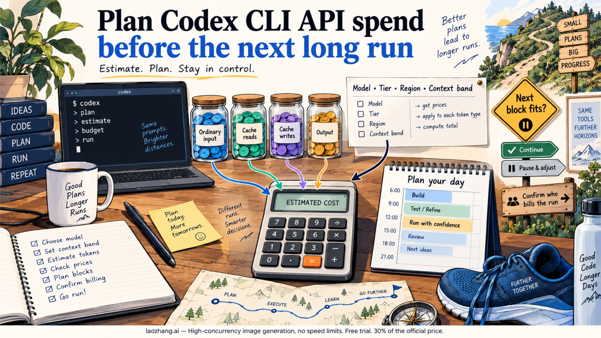 Conceptual Codex API spending plan using four token categories, the applicable quote, expected work blocks and a pause decision