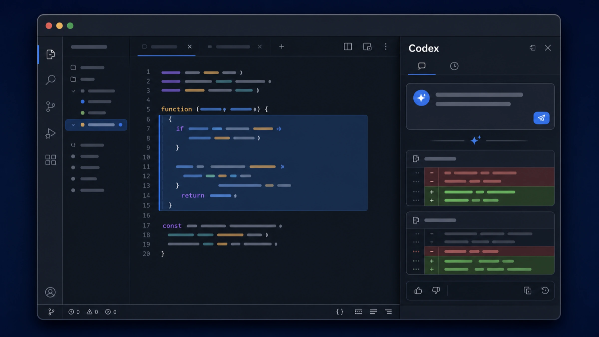 Cursor editor with a small code selection and the Codex sidebar ready for a focused task