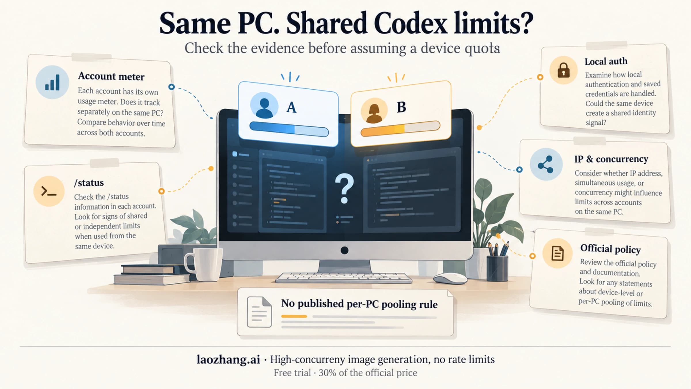 Technical board explaining Codex same-PC multi-account limits, account meters, local auth state, IP pressure, and official policy boundaries