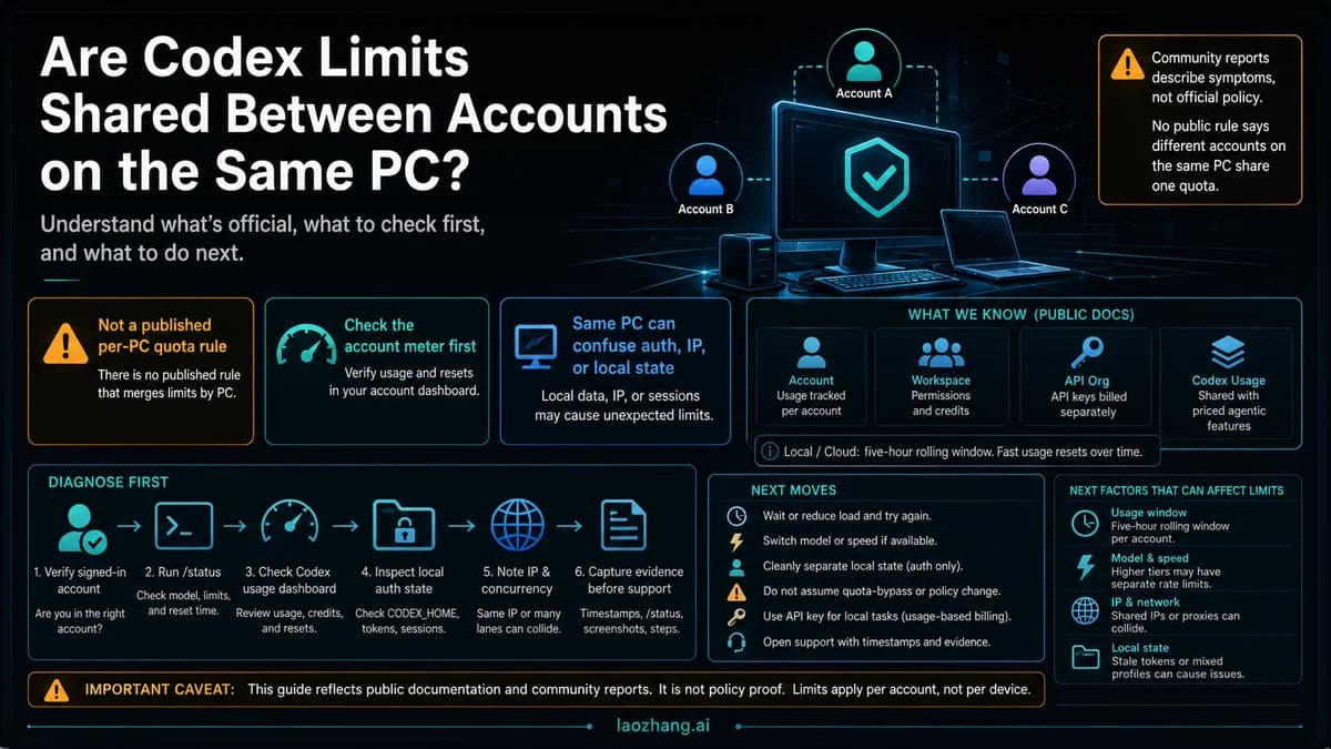 Technical board explaining Codex same-PC multi-account limits, account meters, local auth state, IP pressure, and official policy boundaries