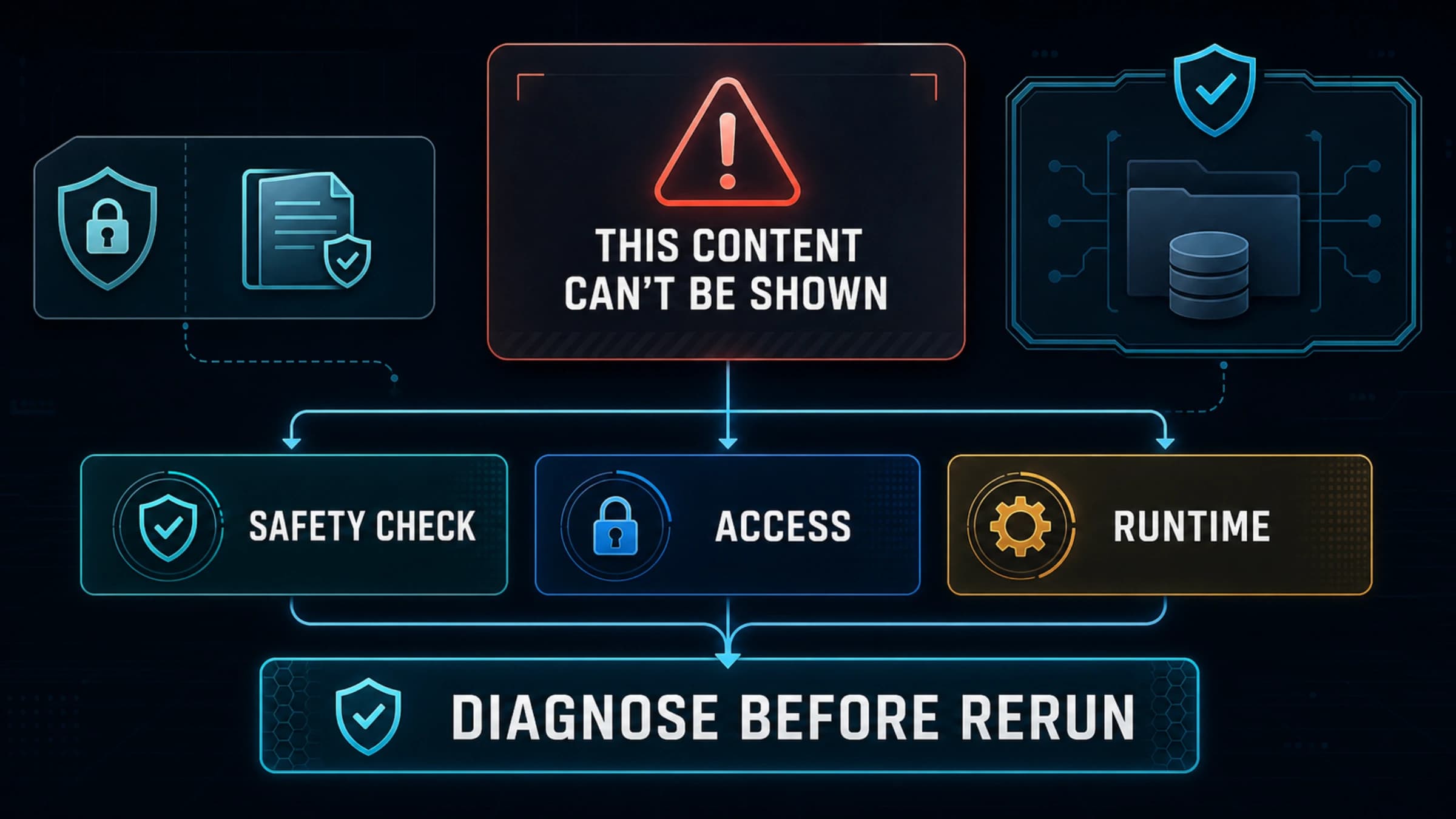 Codex Security content block moving through a three-branch diagnosis for safety, access, and runtime problems