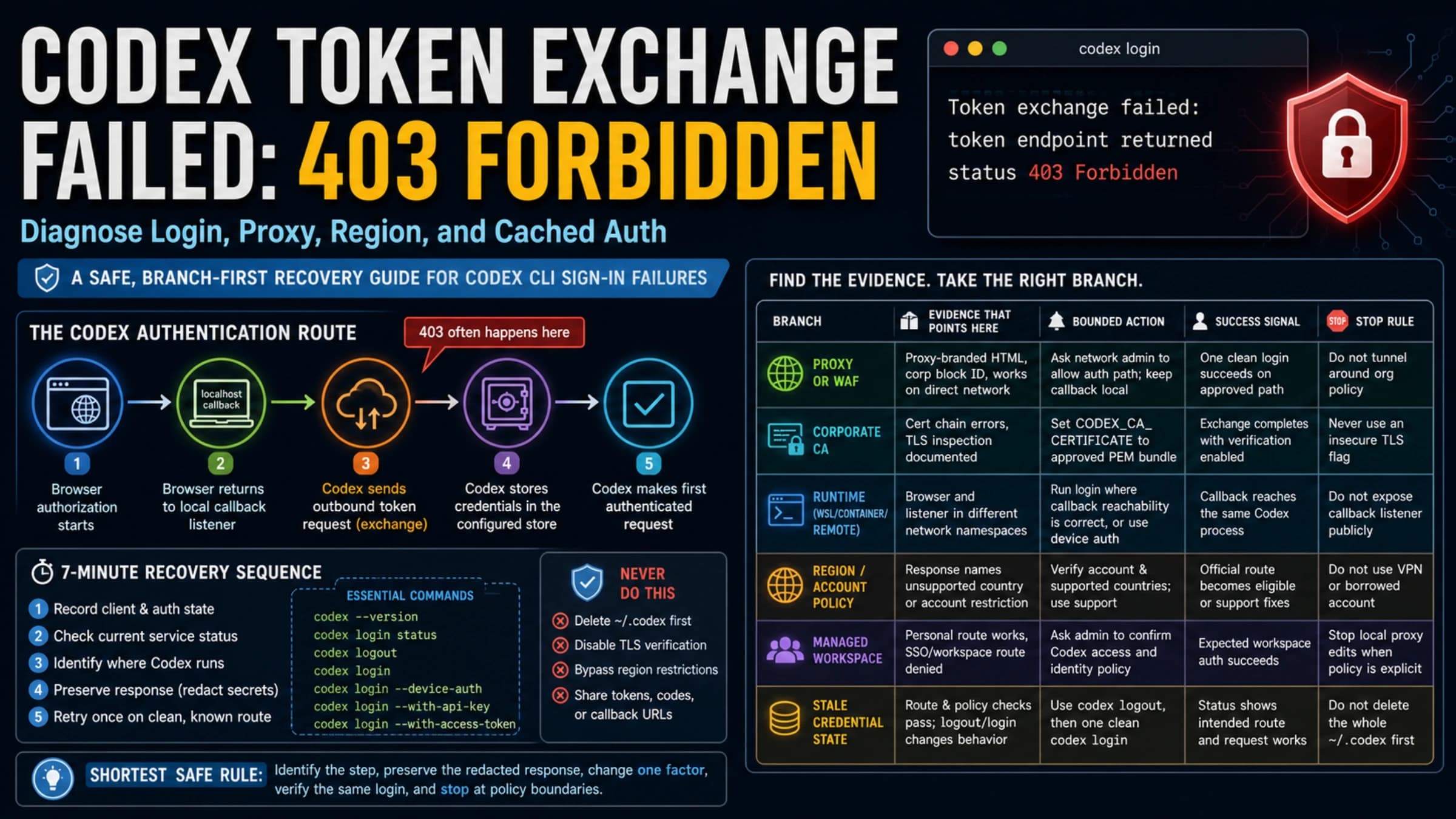 Codex token exchange failed 403 diagnostic board with login, proxy, region, and cached-auth branches